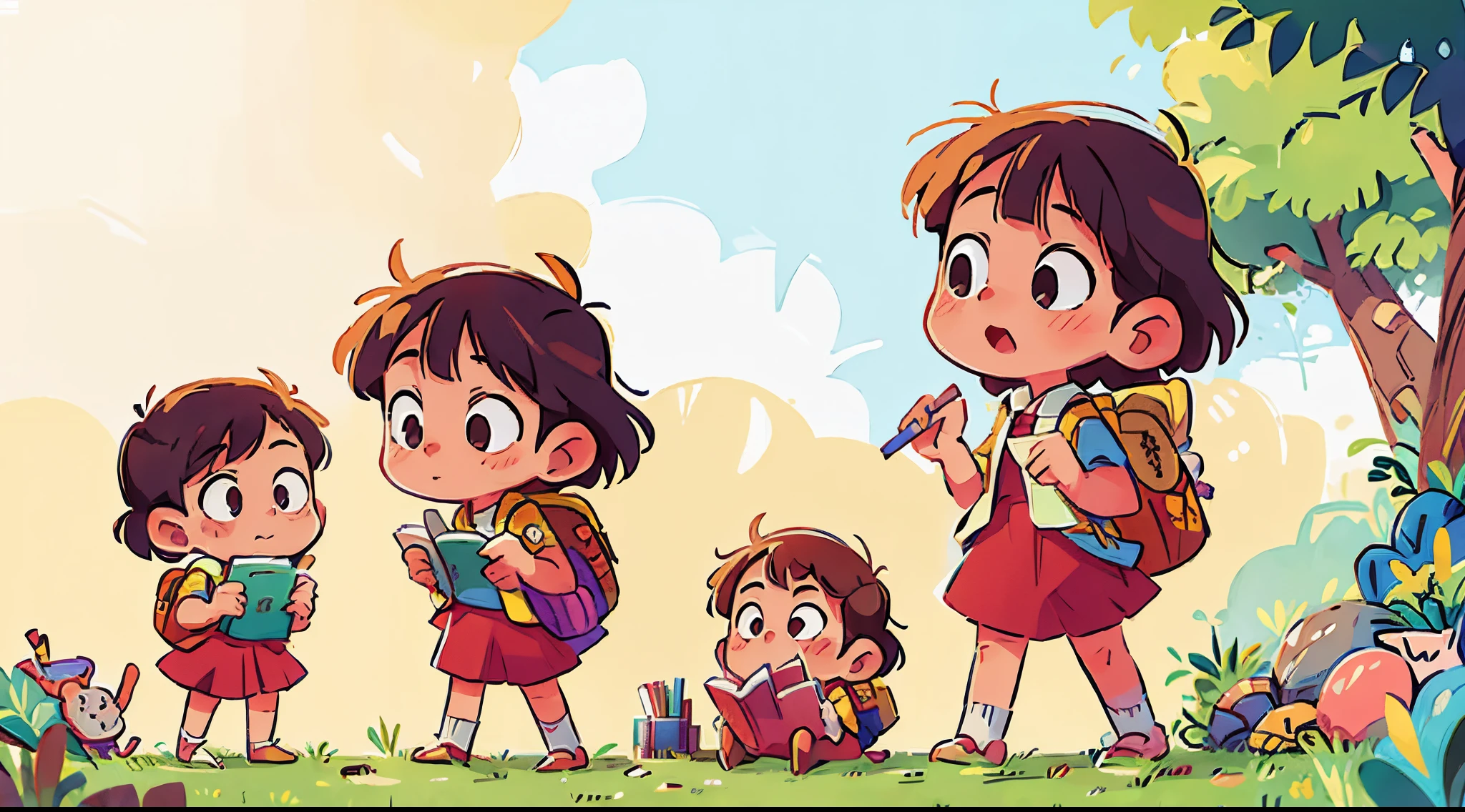 Kids holding books and bags and pencils and they learing