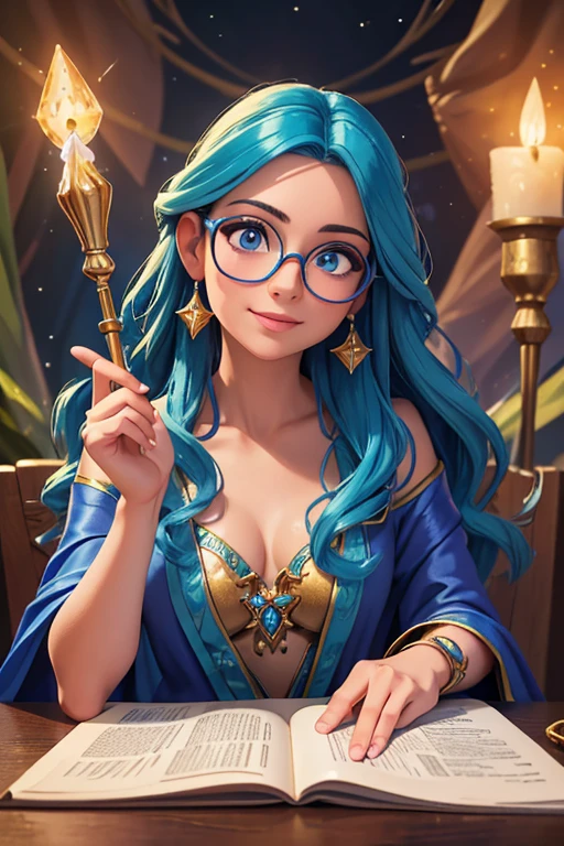 "(best quality,highres,masterpiece:1.2),medium:oil painting,(realistic:1.37),sexy wizard with blue hair and glasses,glowing magical staff,flowing robe,mesmerizing gaze,sparkling blue eyes,beautiful detailed lips,enchanting smile,spellcasting in a mystical forest,background filled with twinkling stars,soft candlelight illuminating the scene,artistic portrayal of power and elegance,vibrant colors blending seamlessly,whimsical and alluring,aura of mystery and enchantment,dimension-defying hair flowing in the wind,crystal-clear glasses reflecting the magic of the world,meticulously painted intricate details,creating a captivating and seductive persona."