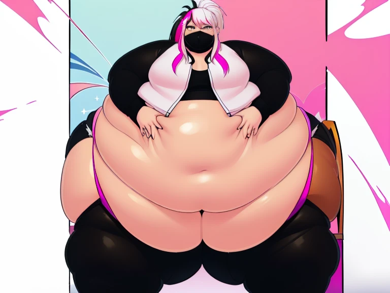 ((High quality:2.0)), Anime ,High Aesthetic, (masterpiece) ,((Well drawn face))morbidly obese, ((dark skinned )), (Femboy) . pop idol ,(( long Multicolored hair)), (( White hair with Hot pink Streaks:1.5)), ((Ponytail )),Wearing ((White  Jacket half ,a pink Crop top and White shorts)),(( Thick thighs, Hyper hips, Large Butt)),breaking a chair under his heavy weight,(WeightObese)