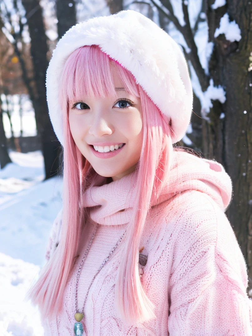 gamer girl, vibrant pink hair, long hair, white fringe, winter, snow