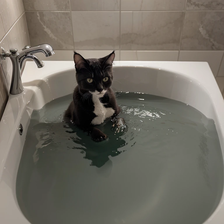 Cute Cat , color dark gray , yaking a bath , happy , 8k , masterpiece , best quality , hd