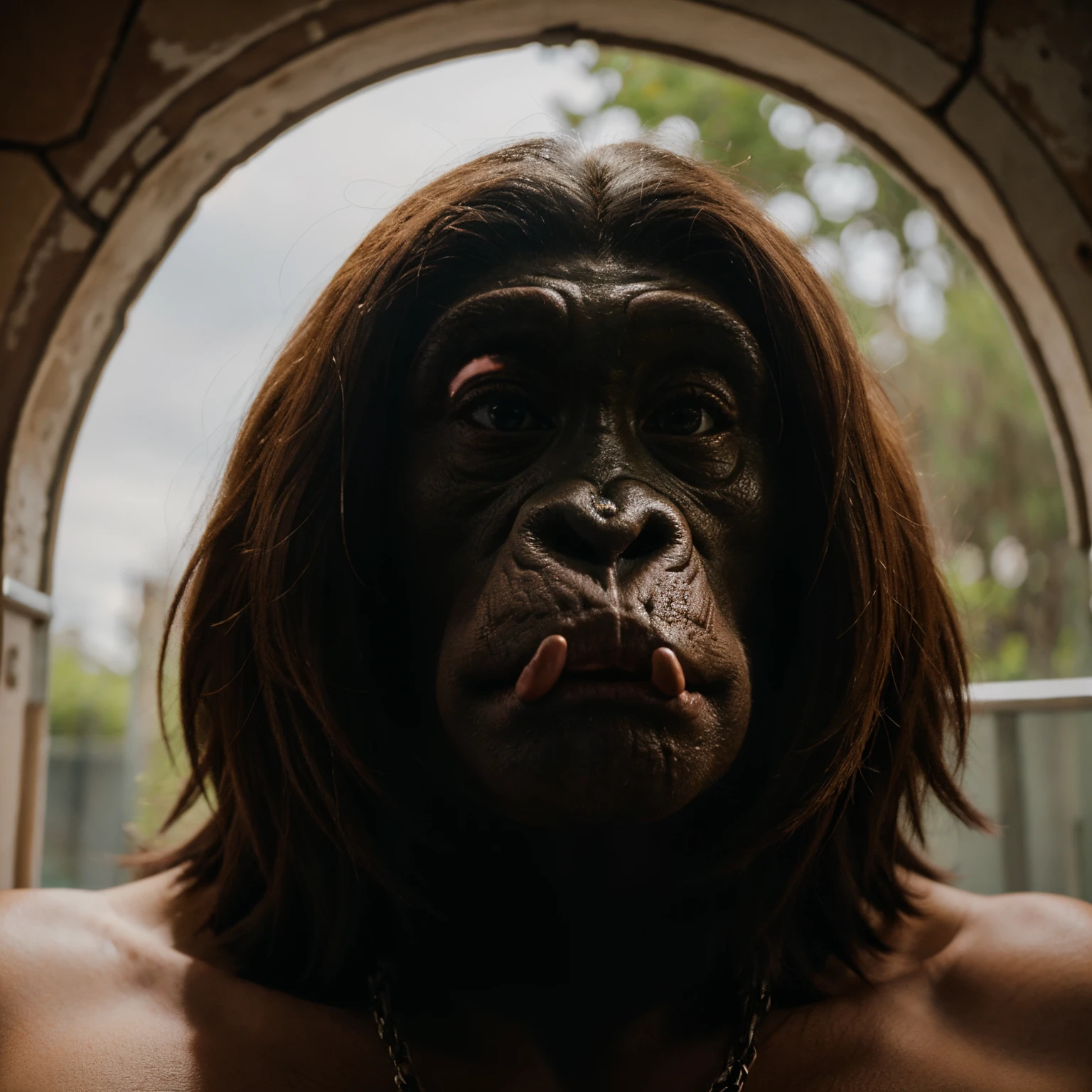 gorgeous adorable colombian 30 year old sexpot dimples (high detailed face), in the jungle sitting next to a gorilla (gorilla has a big hard dick, she is surprised at staring at dick