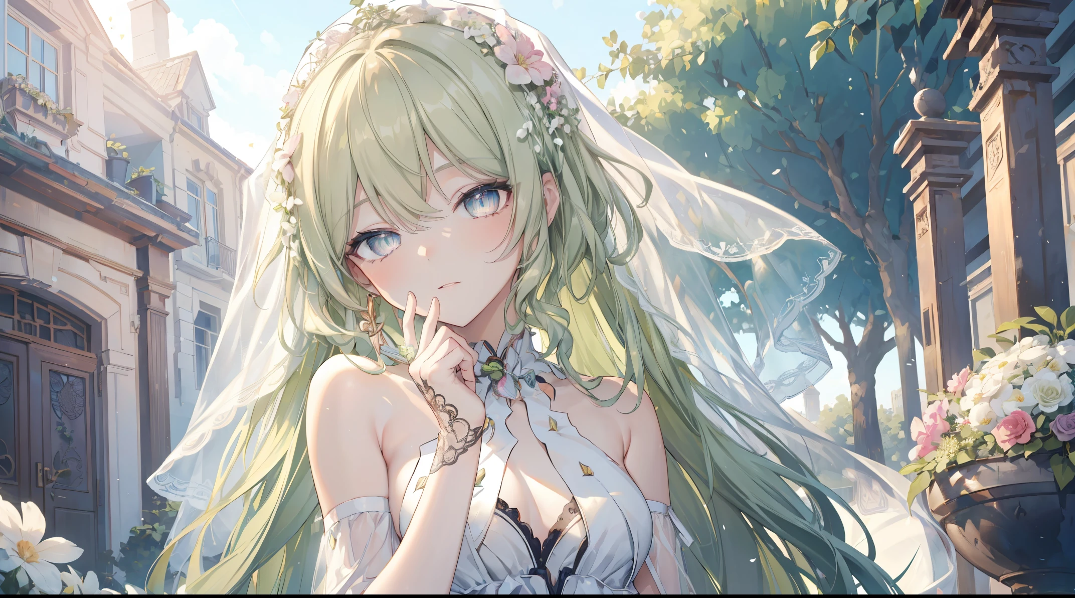 ((4k, masterpiece, top-quality)),8k, best quality, high resolution, HD, (illustration:0.8), (beautiful detailed eyes:1.6), extremely detailed face, perfect lighting, (perfect hands, perfect anatomy), super complex details, intricate details, 1girl, solo, long green hair, long hair, looking at viewer, small breasts, standing, garden of flowers, flowers, hair ornament, flower hairclip, flower ribbon, same eye colour, wedding dress, outdoors, bridal veil, long dress, white dress, hoop skirt, clover