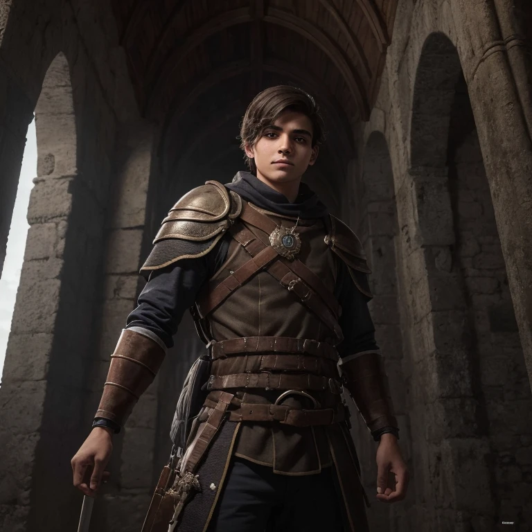 Garoto jovem expressao seria cabelo curto escuro usando espada e escudo armadura prateada nos punhos cinto de utilidades botas escuras roupas pretas surradas imagem de corpo inteiro fundo cidade medieval a noite estilo rpg