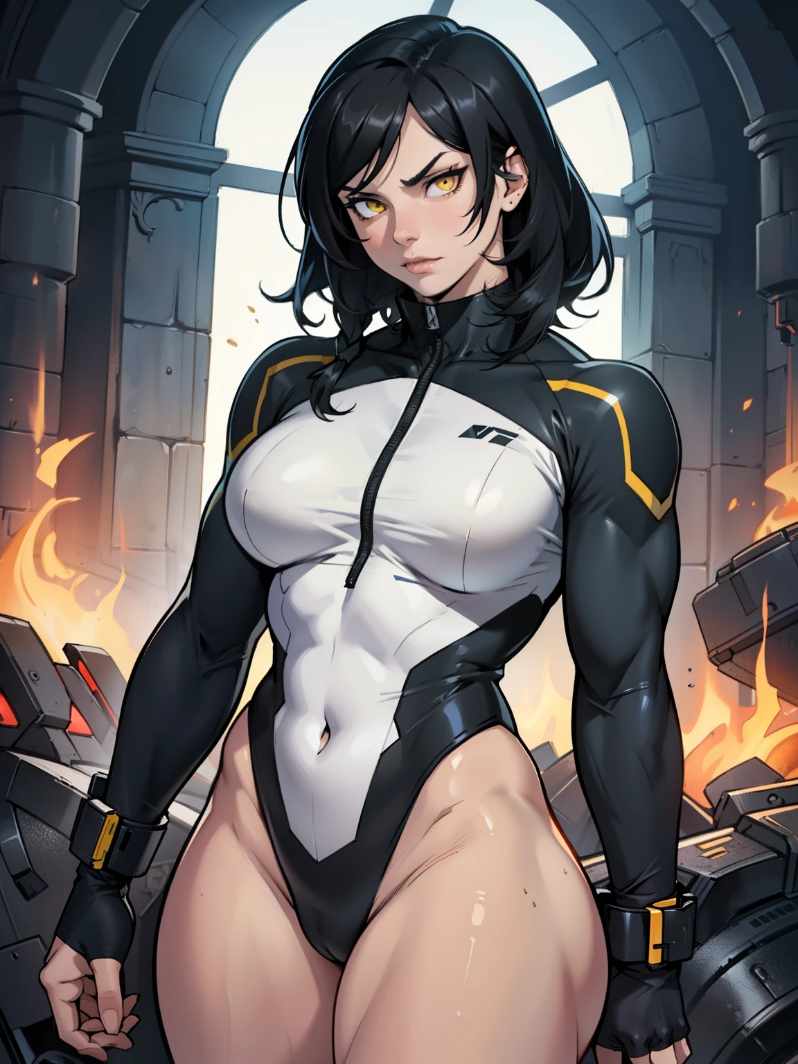 girl muscles breasts black hair yellow eyes pale skin thick toned body muscular long sleeve leotard solo solo seductive expression seductive expression seductive expression seductive expression seductive expression seductive expression