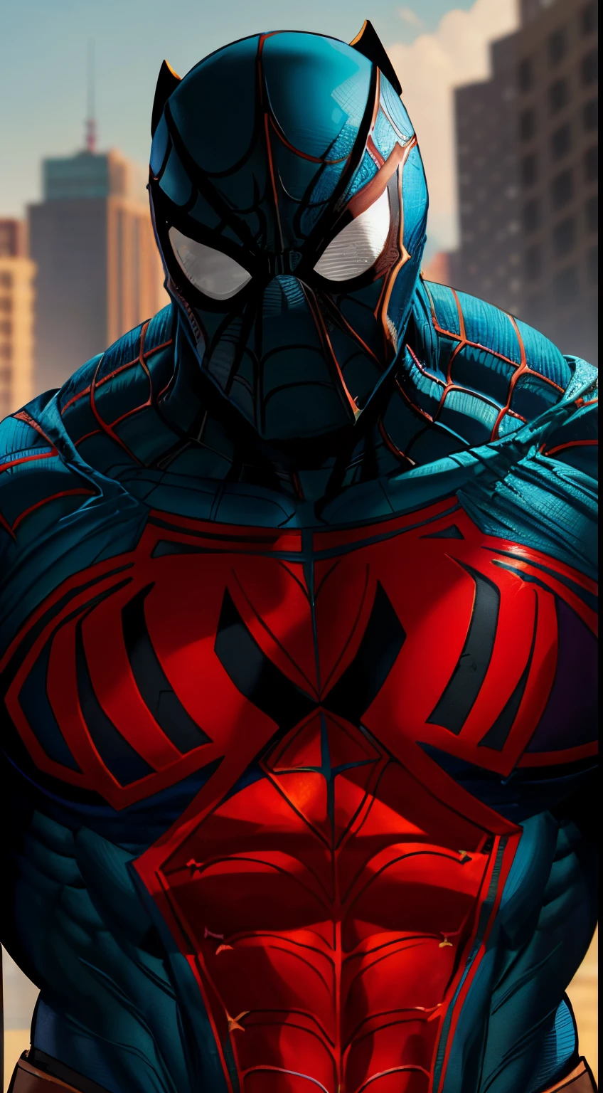 A teen (young) muscular mexican hero with Venom suit, ((Marvel)), massive muscular bodybuilder, Gigachad, body full of huge muscles, V-shape body, prominent pectorals, chiseled abs 300 lbs. Very handsome teen. Masked ((His mask covers his entire head, Spider-man mask)).
