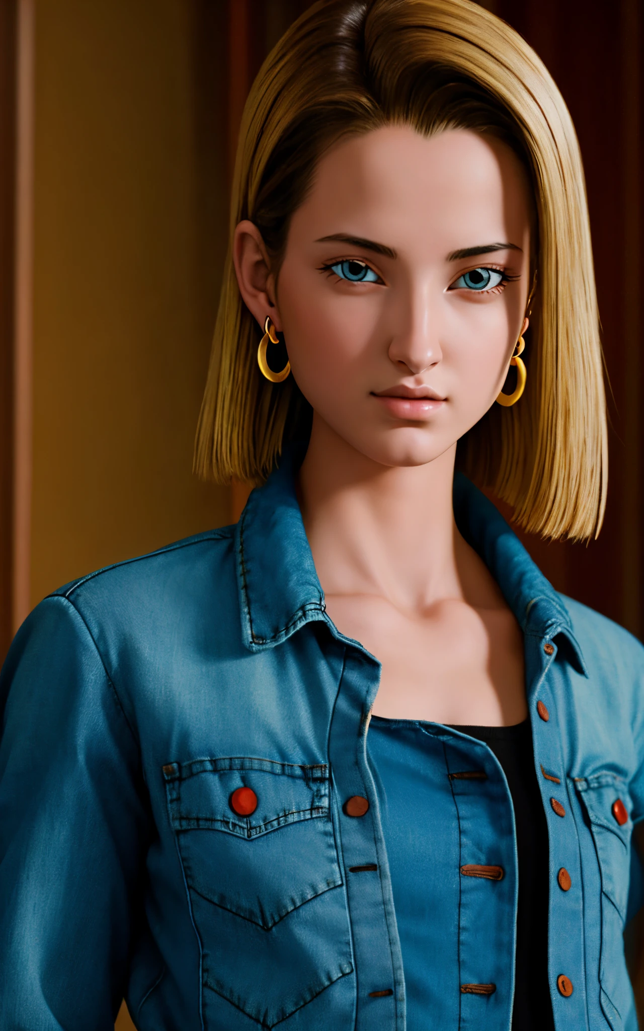 (masterpiece, best quality), realistic version of android18, earrings, denim, belt upper body, focus face, perfect face, Emily Rudd.