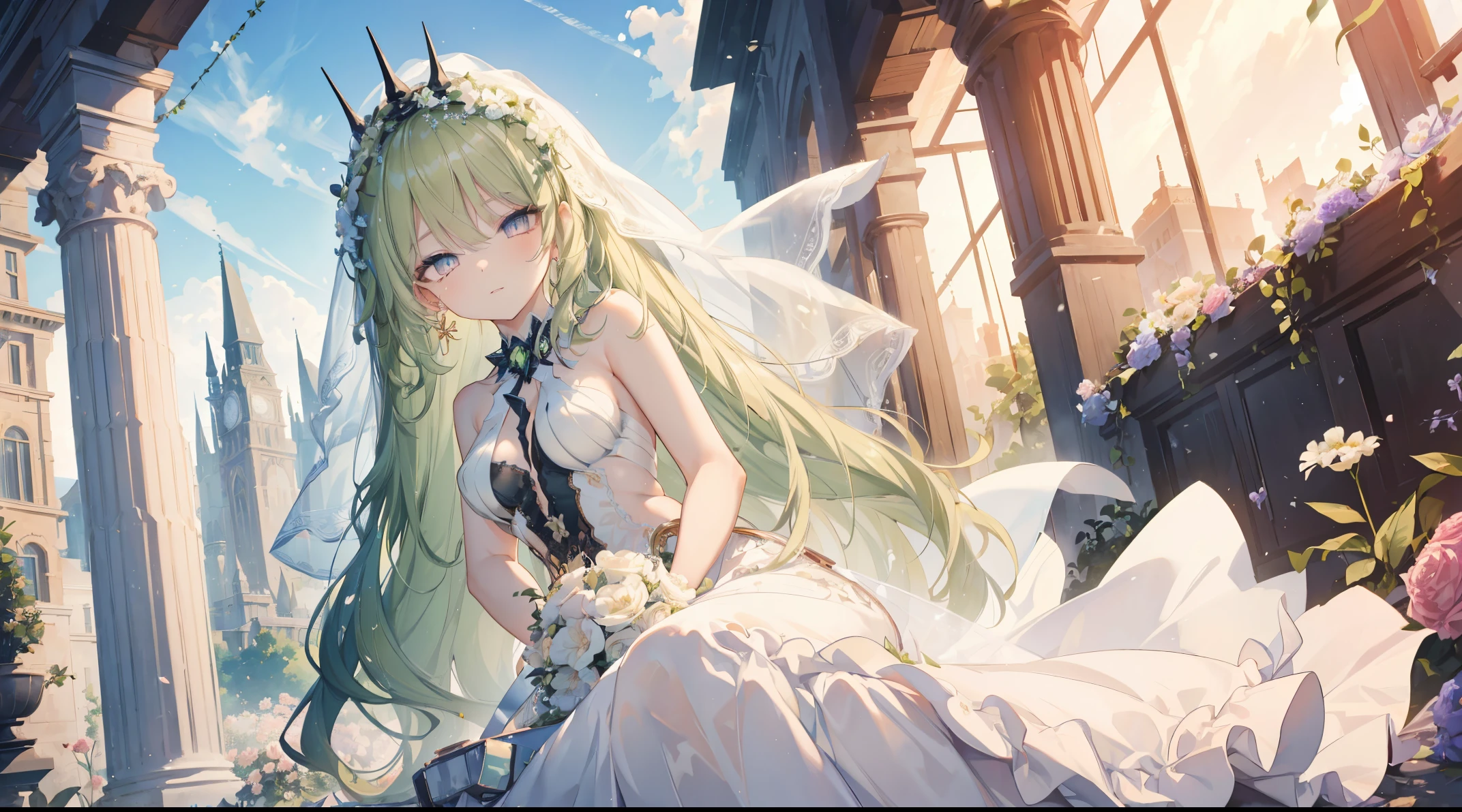 ((4k, masterpiece, top-quality)),8k, best quality, high resolution, HD, (illustration:0.8), (beautiful detailed eyes:1.6), extremely detailed face, perfect lighting, (perfect hands, perfect anatomy), super complex details, intricate details, 1girl, solo, long green hair, long hair, looking at viewer, small breasts, standing, garden of flowers, flowers, hair ornament, flower hairclip, flower ribbon, same eye colour, wedding dress, outdoors, bridal veil, long dress, white dress, hoop skirt, clover