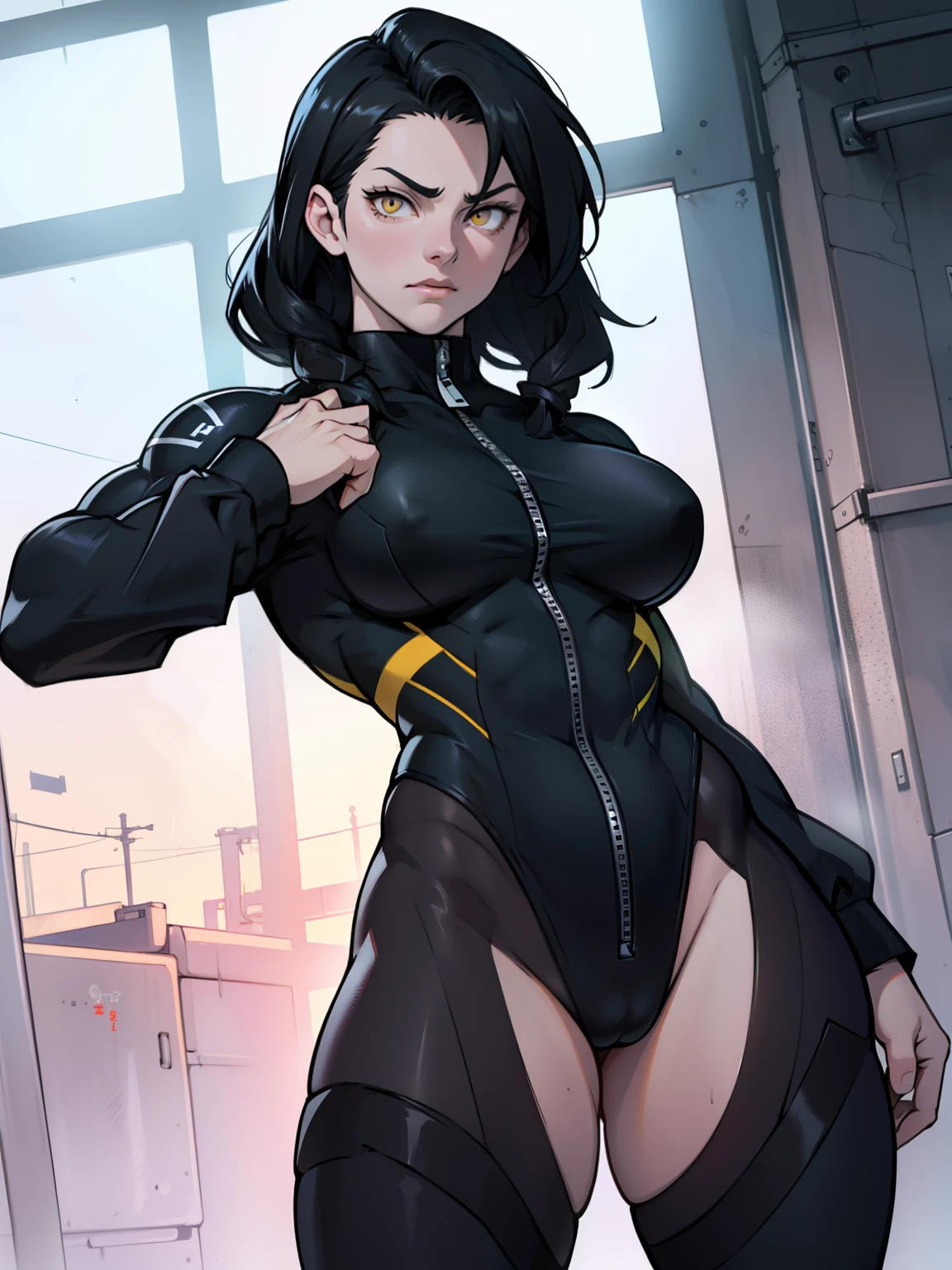 girl muscles breasts black hair yellow eyes pale skin expressionless thick toned body muscularlong sleeve leotard solo solo seductive expression seductive expression