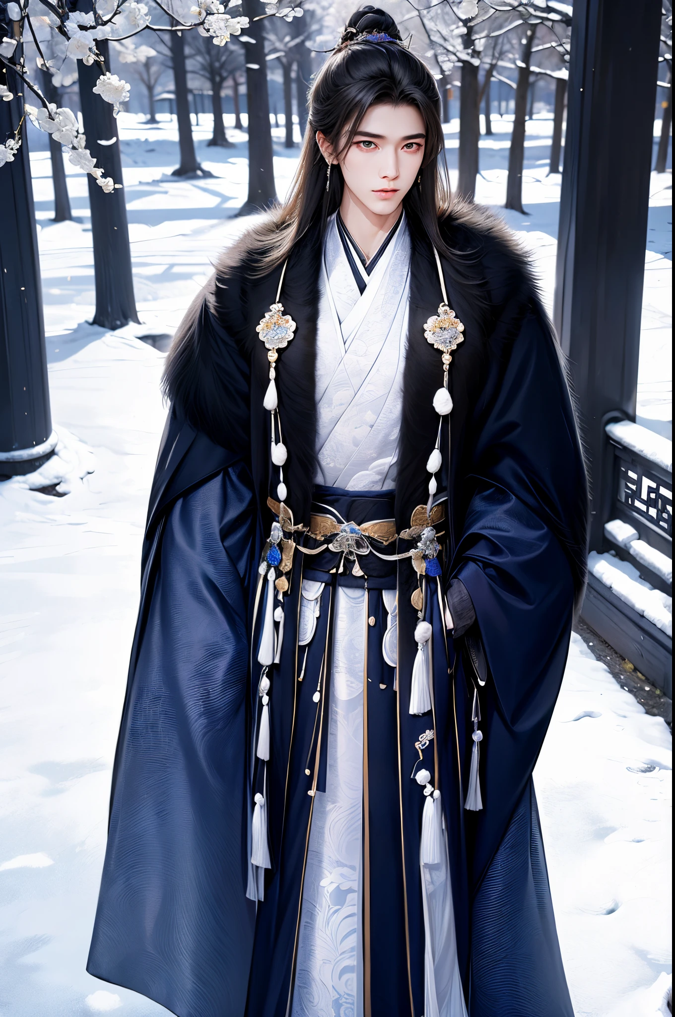 (Best quality,A high resolution,The image is clear:1.2),Ultra detailed backgrounds,Beautiful man standing holding sword，mesmerizing eyes，wind blowing through，Chinese style clothes,White robe，White mink fur collar cape,（white  clothes：1.5），Garden scene,under moonlight,Asian architecture，ancient wind，waterfallr，Romantic atmosphere,，Dutch Angle Shot,gentlesoftlighting,portrait of upper body，Noble prince，Eye focus，sharp sharp eyes，hair adornments，