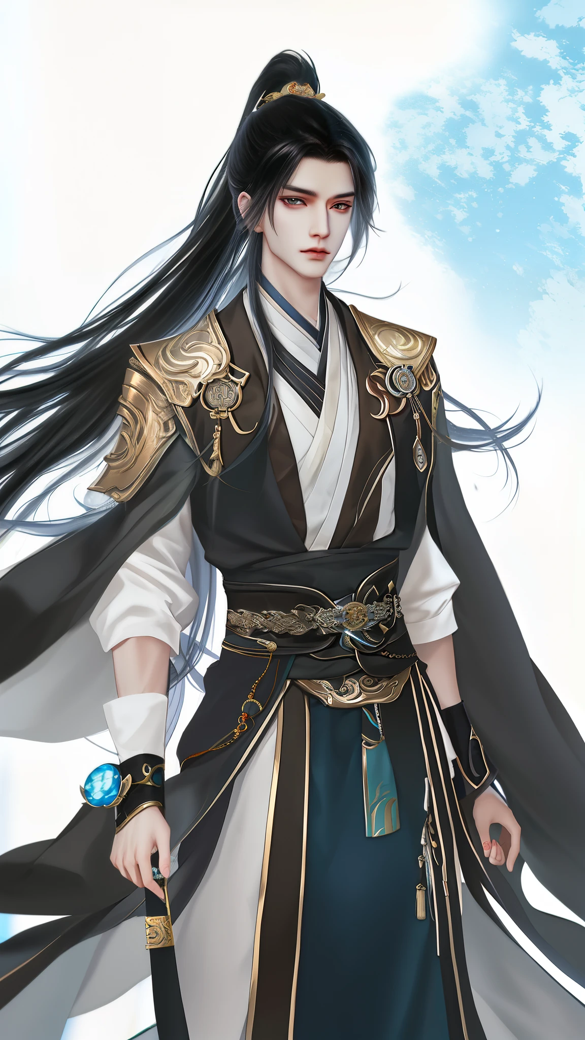 man wearing brown and white clothes, Wallpapers，high ponytails，heise jinyao, The exquisite prince,Xianxia， Inspired by Bian Shoumin, inspired by Guan Daosheng, full body xianxia, Beautiful prince, inspired by Zhang Han, inspired by Zhao Yuan,, flowing hair and long robes, longer sleeves、Narrow cuffs，robe，zhao yun, xianxia hero，white backgrounid，Eye focus，a sharp gaze，A high resolution，tmasterpiece，Best quality at best，32K,fix the hand，