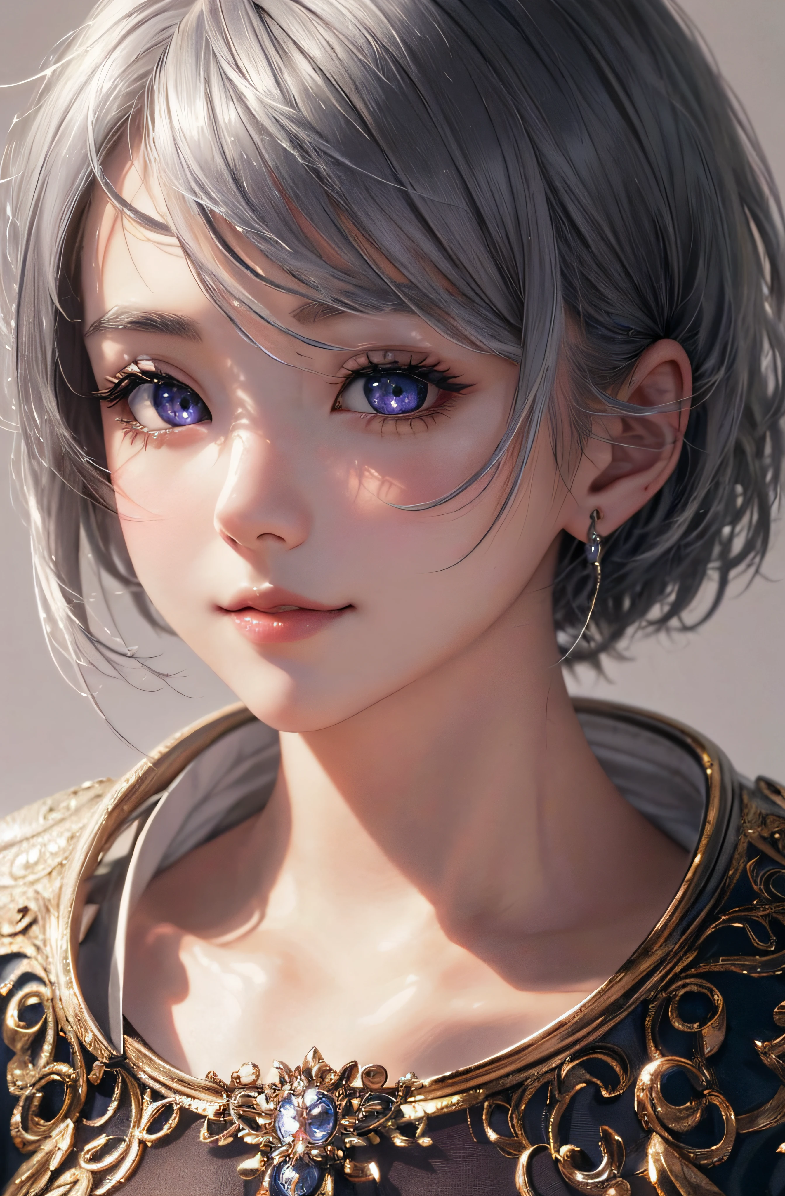 Upper body、face is in front、profile、8K、real photos、ultra high resolution, master parts, highest quality, ticker , cinematic images,nice girl、Ann、16 only、Annグロサクソン、double eyelid、droopy eyes、very big eyes、eyes are purple、dark eye shadow、lips are very thin、The tip of your nose grows beautifully.........................................、the tip of the nose is small,,,,, very detailed , silver hair、straight short hair、smile、 sweet expression 、very beautiful woman、long legs、 very clear shadows , jewelry , sexy 、）, fine eyes, Very difficult, shiny skin , パーフェクトブリリAnnト, perfect sentence, dramatic shadow、white tiara on head、gold necklace around neck、White aristocratic dress with gold embroidery、