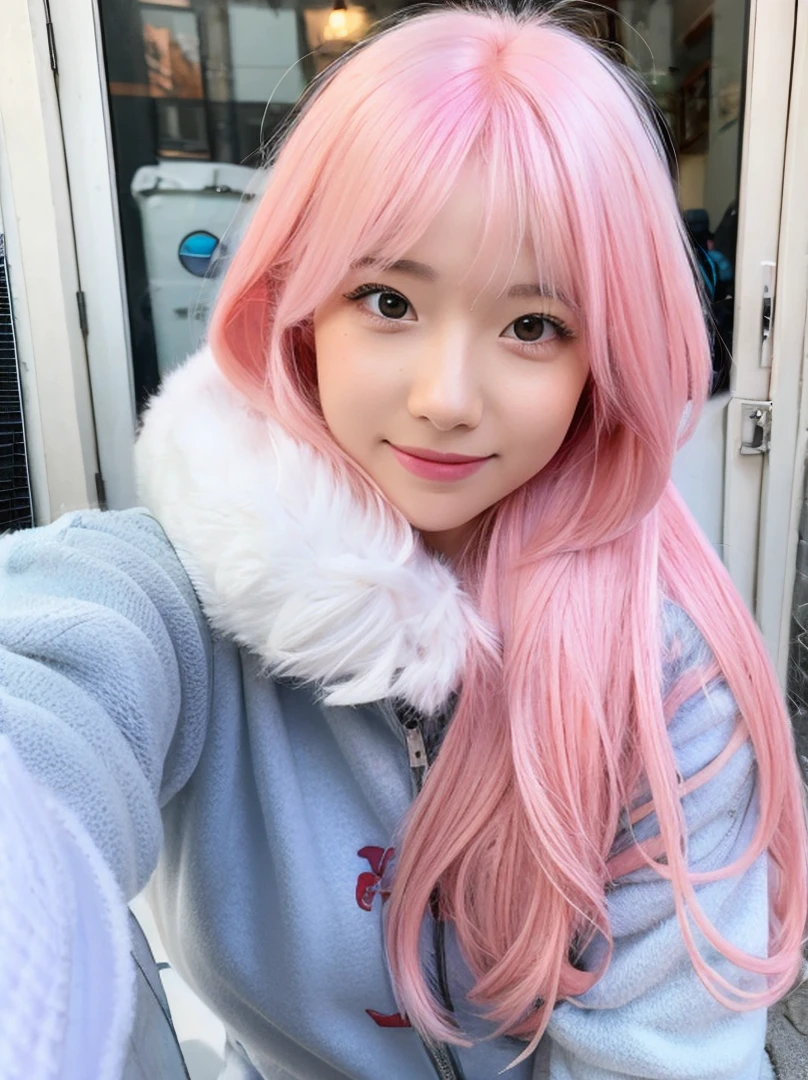 gamer girl, vibrant pink hair, long hair, white fringe, winter, selfie