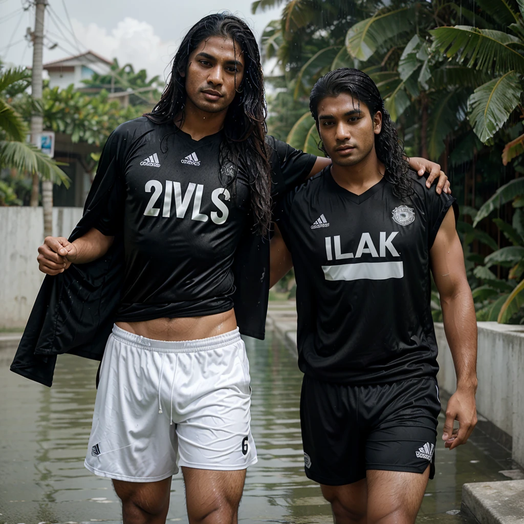 South asian man in black football jersey and football tights, long hair curly, super sexy, massive erection bulge, line visible, soft jersey material, location maldives. All the clothes and hair wet, in the rain. Pose sitting