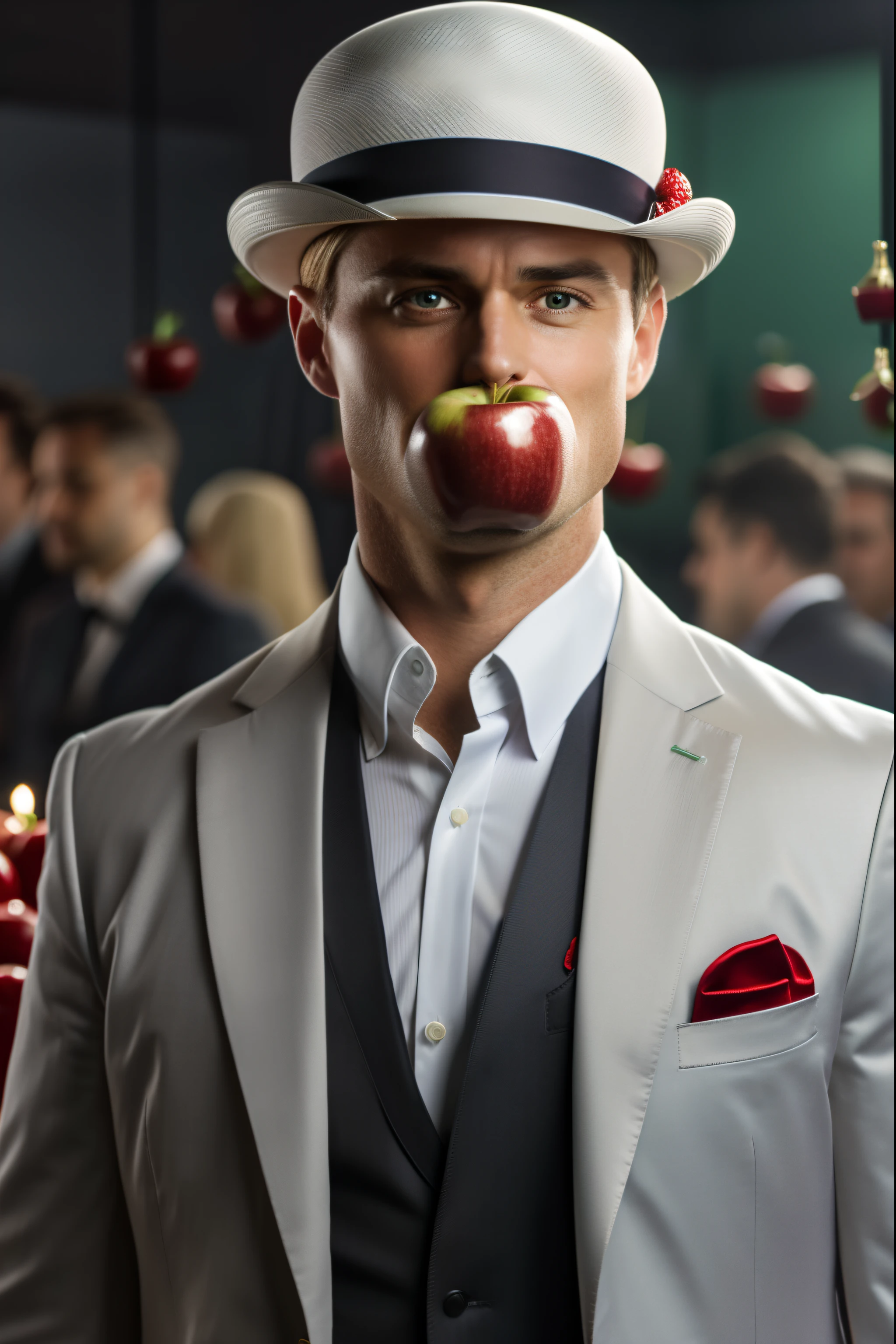 there is a man in a suit and hat with a red apple in his mouth, white suit and hat, promo ainda, vestindo terno branco, a suited man in a hat, with apple, holding an apple, Sidra - Homem, cidra-homem, fotografia editorial, imagens promocionais, attractive magician man, foto do cartaz, advertising photography, Erwin Olavo, Foto retrato
