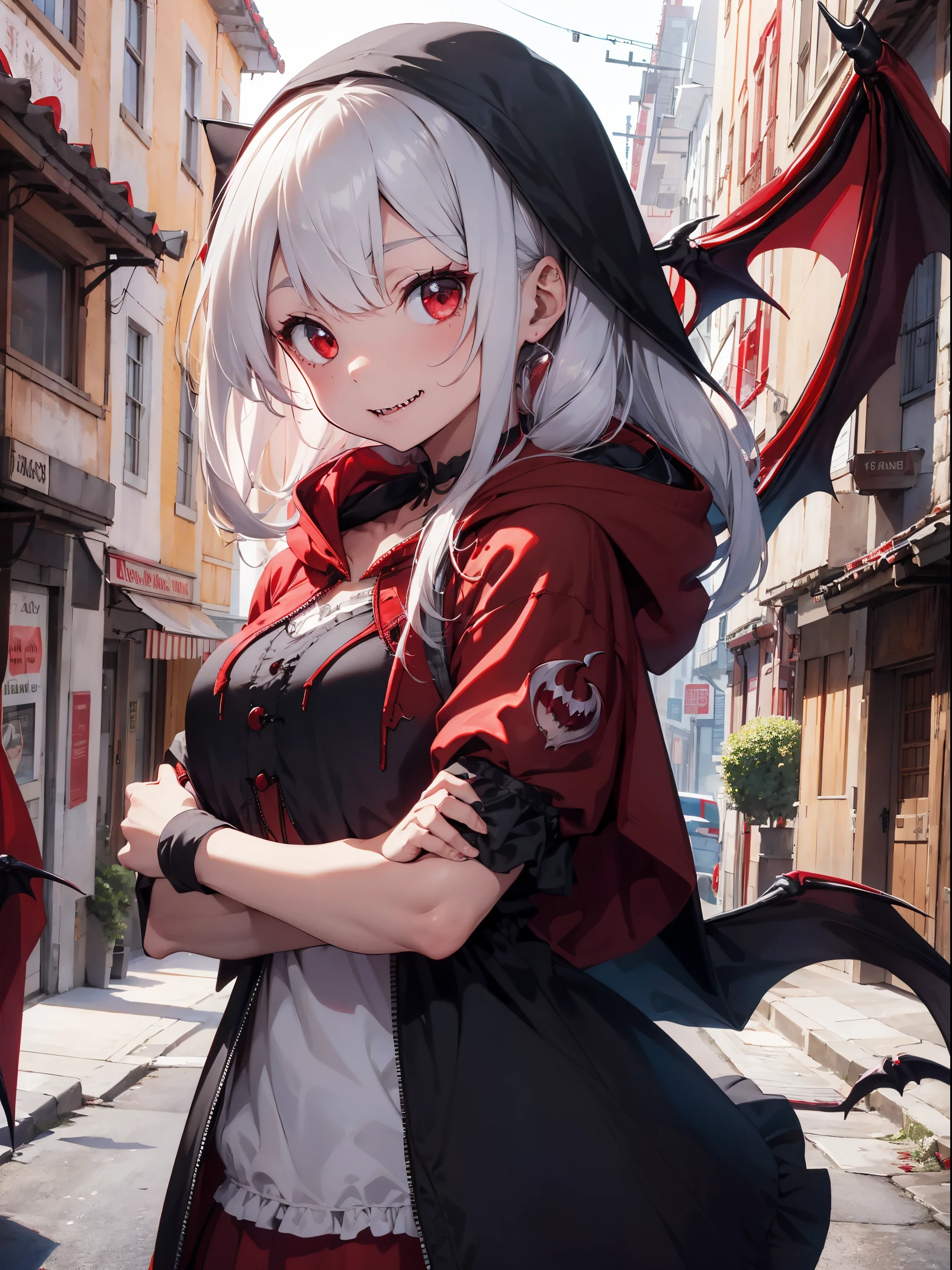 1girll, on breast,Closed mouth, long_hair, expressionless face,city,Street, White hair, ,stitched_Face,Patchwork_skin,Cowboy Shot,( Hoodie),(hands on pockets),Open White Coat，Inside, She wears short black sleeves，The love pattern drawn there.，Cat's ears，In the daytime，tall figure、Red hoodie、College Uniform、Red Turban、student clothes、hi-school girl、A smile、((((Dracula woman wearing a red hood))))
