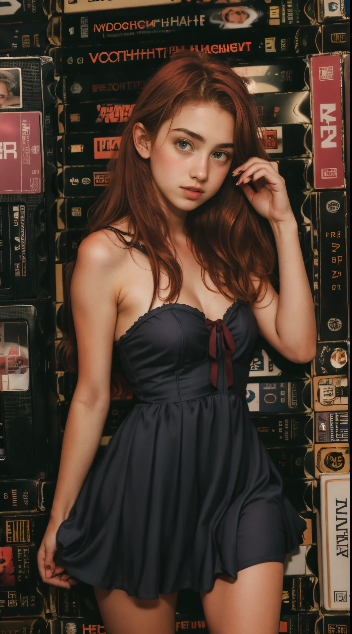 16 year old pre-teen, (real skin:1.3), long hair:1.3, redhead, ****ta dress, no panties, raped, sexual pose, cute mutant girl, photorealistic, VHS image