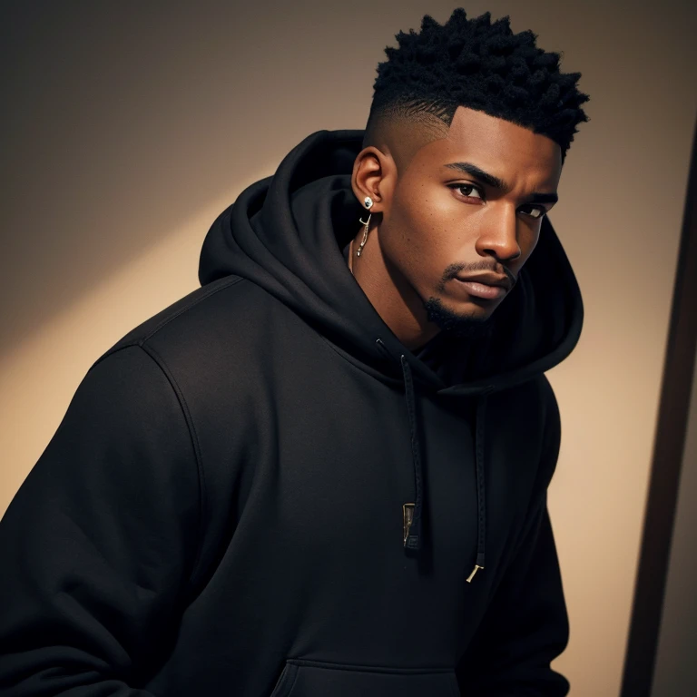 A 25 year old black man with a tall and slightly athletic build. Neatly trimmed chin stubble with black gage ear piercings and spiky brown hair that goes upward. A blue hoodie that fits snuggly with no zipper. He looks a bit irritated but calm. Slightly slouching. Pitch black eyes. Hands in hoodie pocket.