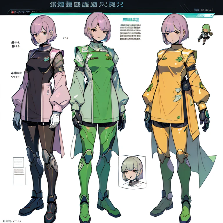 petite girl, robot horse,Type sheet, Character Sheets, Three types，Shot Full Body，Game Character Design，((Character information)、(Chara Leaf)、Type sheet, Character Sheets, Three types，Shot Full Body，((Character design sheet, same character, front, side)) Video game character design, pastel colours, Detailed Face