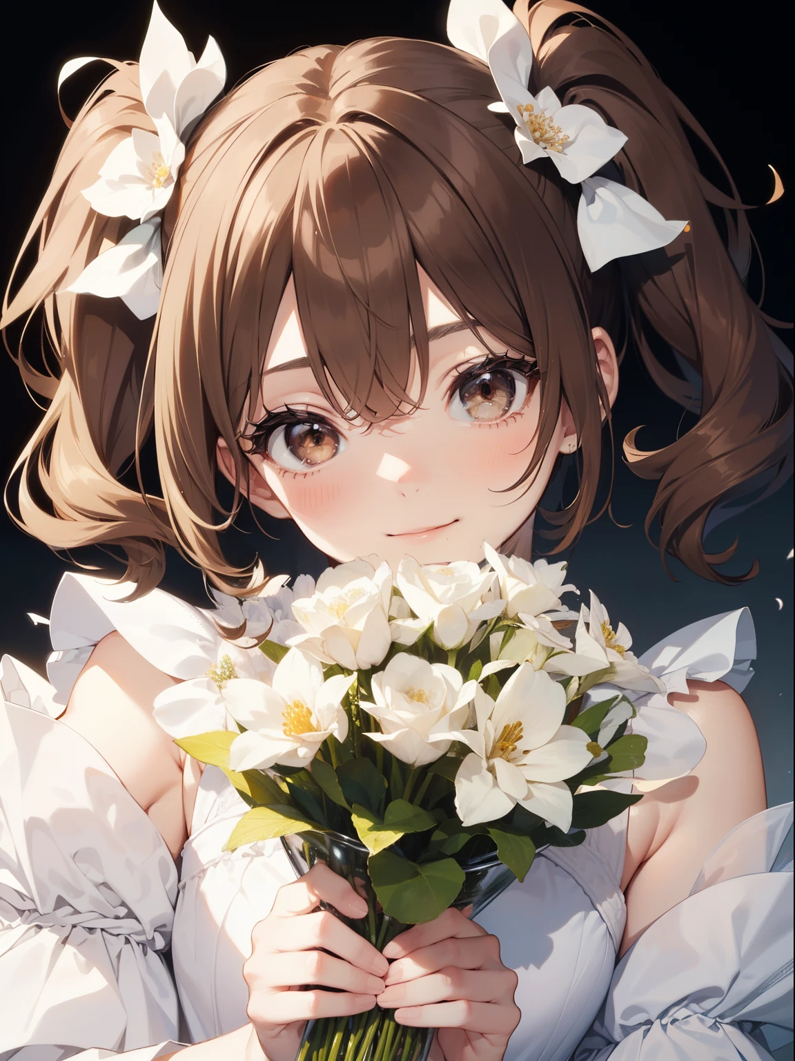 ultra-detailliert、hight resolution、Transcendent beauty　top-quality、​masterpiece、 ,(((front facing)))、Flower Fairy、flowers background、Girl with a big bouquet of flowers、 ((Pure white dress:1.4)), Bouquet of flowers、A smile、cowboy  shot、(((1girl in))), ,(Highest quality illustrations:1.2), (Kawaii Girl:1.1), (1girl in, 独奏:1.5), (1girl in、sixteen years old、One pose、cute little、ultradetailed eyes:1.2)、(small tits、tiny chest)、((Brown-eyed、Brown hair:1.5))、(shorth hair)、hair wavy、curlyhair、bangss、low twintails、short twintails、),perfect glossy skin, flawless skin, fair white skin, tiny chest,, narrow waists, frontage, 独奏, looking at the viewers,smil,Perfect body, ((Portrait, POV))