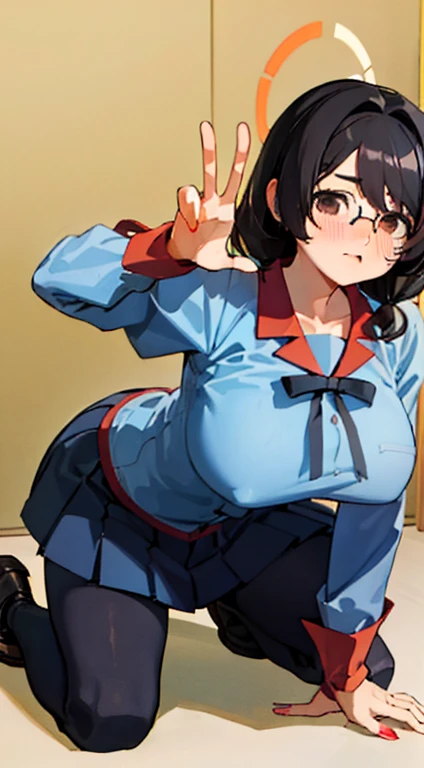 Stema Peace、hanekawa tsubasa、attack of glasses、A dark-haired、large boob、 (Black hair, Brown eyes, Round face),With ribbon, (nose blush, half opened eye),, [Full body shot]、eye glass、Head-to-toe shots、A dark-haired、