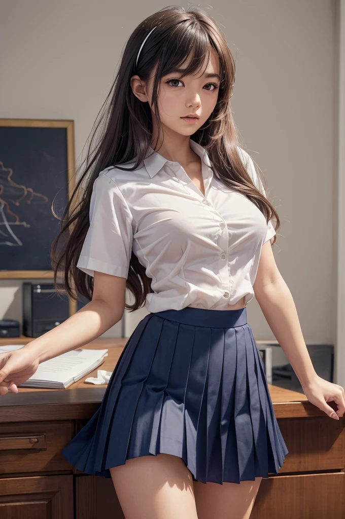 (extremely detailed CG:1.2), (masterpiece:1.2), (best quality:1.2), looking at viewer, full unclothed body, (1girl), solo, long hair blowing in wind, (mathayom uniform), (white shirt short sleeves), (navy_blue pleated skirt), dynamic angle, standing on desk, Nude topless shirt open, breasts fully exposed. Wind blowing,