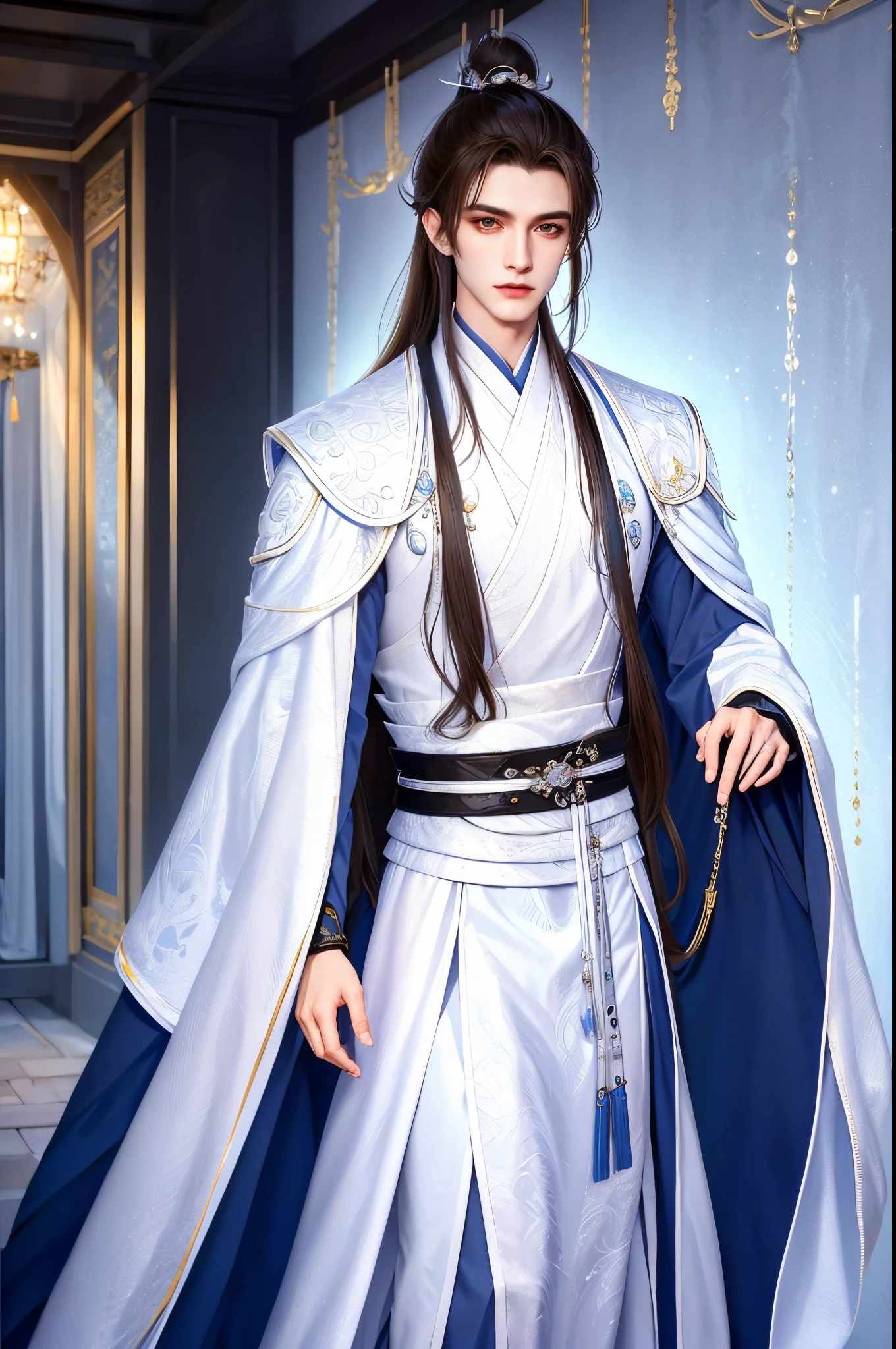 (Best quality,A high resolution,The image is clear:1.2),male people,solo person,Ultra detailed backgrounds,Beautiful man standing holding sword,Chinese style clothes,White robe,White mink fur collar cape,(white clothes:1.5),the night,Garden scene,under moonlight,starrysky,Asian architecture,ancient wind,waterfall man,Romantic atmosphere,,Dutch Angle Shot,gentlesoftlighting,portrait of upper body,Noble prince,Eye focus,a sharp gaze,hair adornments,