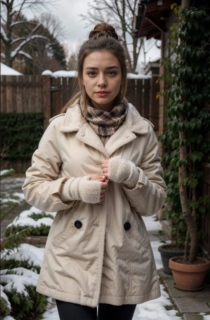photo of beautiful 20 y.o polish Instagram model, brunette hair tied up, wearing sweater and winter coat, scarf, hazel eyes, detailed eyes, pale skin, looking sexy, seductive smile with an air of superiority,