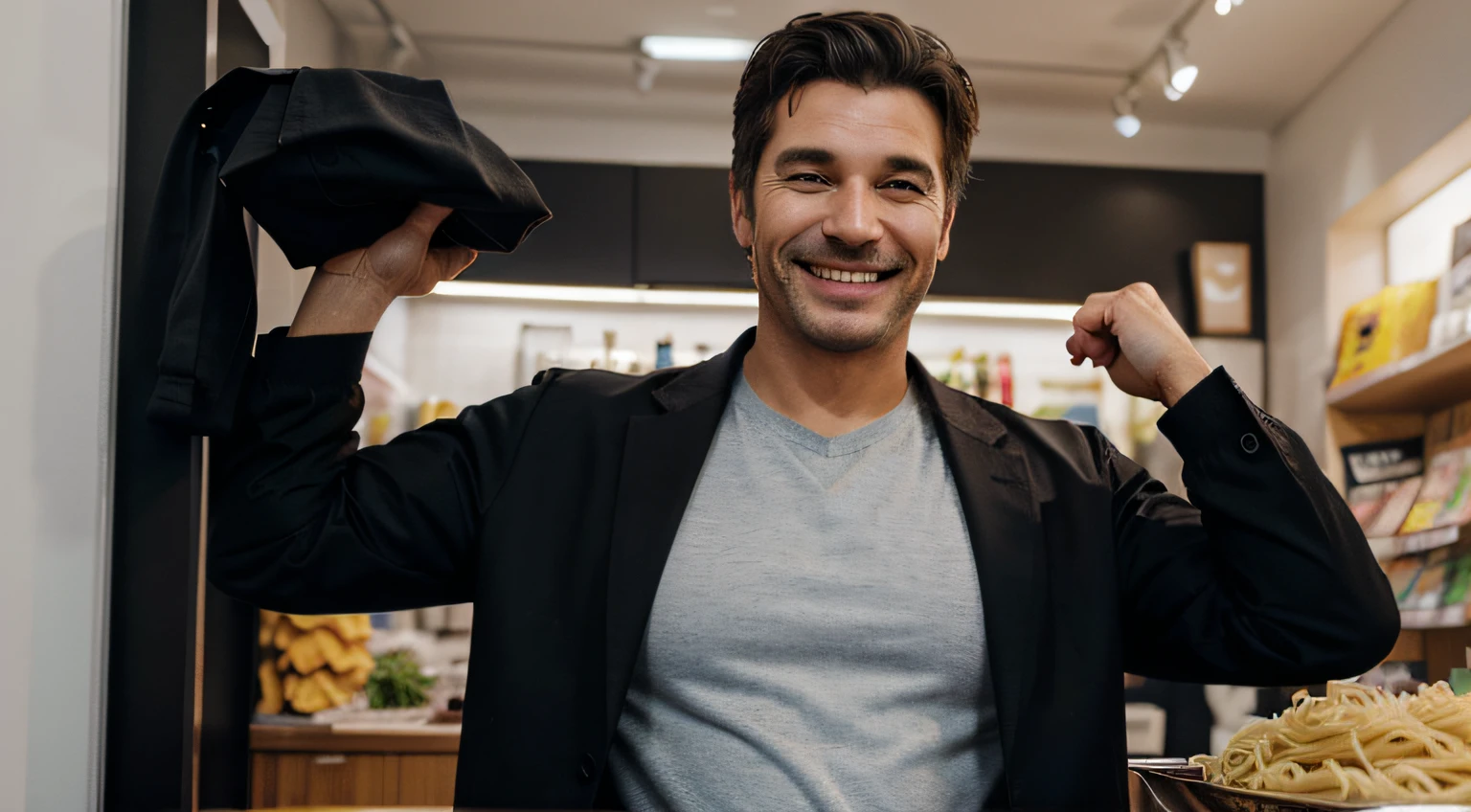 Gere uma imagem de um homem . ele'is dressed like a store manager, segurando uma pasta executiva(mala) e vestindo uma jaqueta preta. Make sure the man shows a smiling expression, Alegre, happy and healthy expression on your face. 8k.