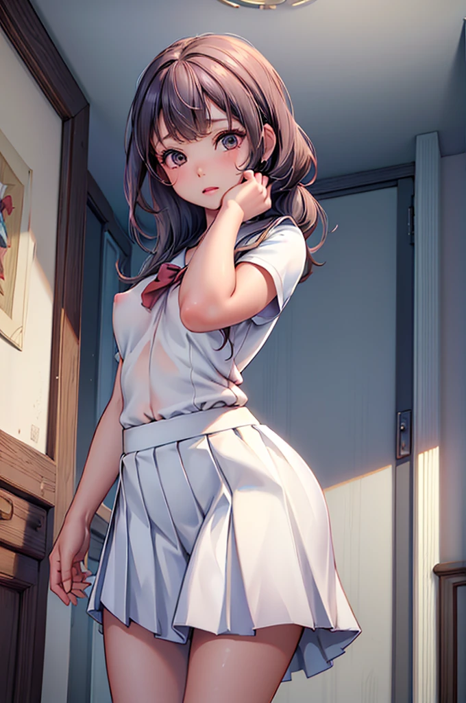 (extremely detailed CG:1.2), (masterpiece:1.2), (best quality:1.2), looking at viewer, full unclothed body, (1girl), solo, long hair blowing in wind, (mathayom uniform), (white shirt short sleeves), (navy_blue pleated skirt), dynamic angle, standing on desk, Nude topless shirt open, breasts fully exposed. Wind blowing,