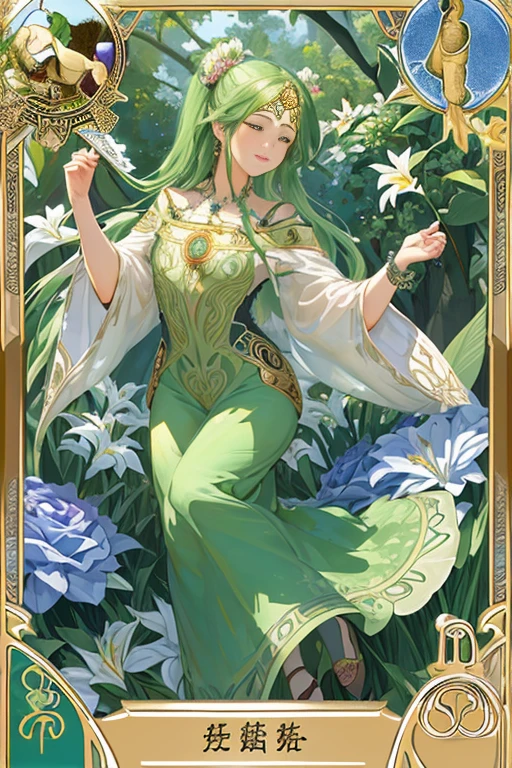 tmasterpiece、topquality、Alphonse Mucha、Jugendstil、
(Tarot card style:1.3)、Unique Tarot Card Structure, including elements of flowers and greenery.、Long hair with pink double ponytails,,,、Upper torso、looking at the viewers、
In the middle of a green garden、Mysterious girl in a floral dress、Enjoy the sunshine, which illuminates flowering plants and ancient tarot symbols.、Dance with Unearthly Creatures。
roses、lily、Cherry trees、Calamondusgo、vine、Elegant dresses, Inspired by nature、Necklace with flowers and leaves、耳环、circlet、A bracelet、Decorating your hair with a butterfly、bird、bee、Tarot symbols, Reimagined with floral and green ornaments、Garden of the Cross、woods、Natural background, like a, For example, shore of the lake、Efficient use of light and shadow、
Realistic & Ультрареалистичный 3D、zentangle、