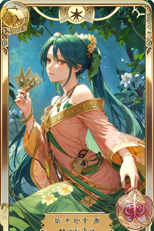 tmasterpiece、topquality、Alphonse Mucha、Jugendstil、
(Tarot card style:1.3)、Unique Tarot Card Structure, including elements of flowers and greenery.、Long hair with pink double ponytails,,,、Upper torso、looking at the viewers、
In the middle of a green garden、Mysterious girl in a floral dress、Enjoy the sunshine, which illuminates flowering plants and ancient tarot symbols.、Dance with Unearthly Creatures。
roses、lily、Cherry trees、Calamondusgo、vine、Elegant dresses, Inspired by nature、Necklace with flowers and leaves、耳环、circlet、A bracelet、Decorating your hair with a butterfly、bird、bee、Tarot symbols, Reimagined with floral and green ornaments、Garden of the Cross、woods、Natural background, like a, For example, shore of the lake、Efficient use of light and shadow、
Realistic & Ультрареалистичный 3D、zentangle、