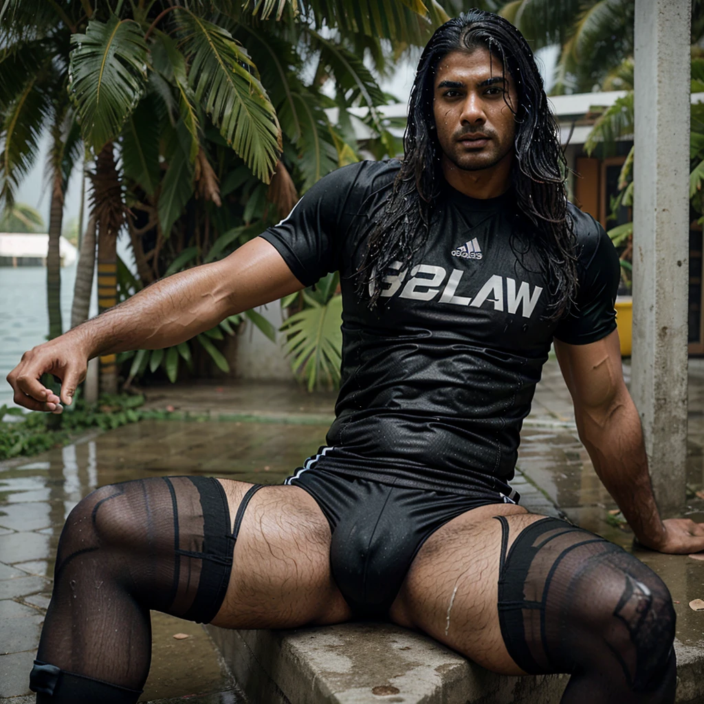 South asian man in black football jersey and football tights, long hair curly, super sexy, massive erection bulge, line visible, soft jersey material, location maldives. All the clothes and hair wet, in the rain. Pose sitting , alpha man, dominant look, mouth open, angry face expression