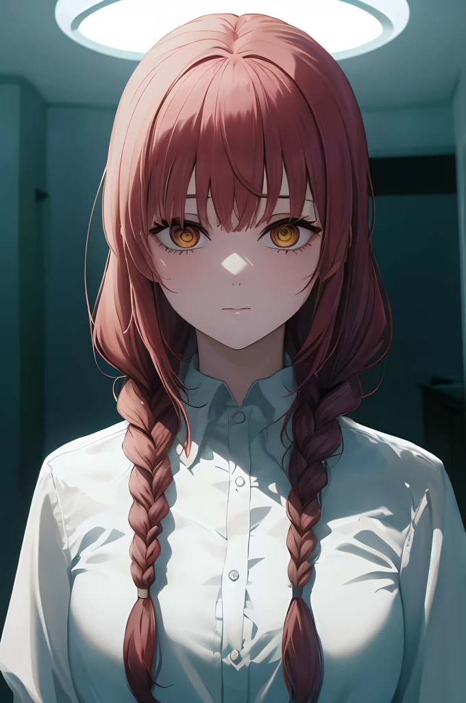 una mujer con una belleza,Around twenty-five with light reddish-brown hair tied in a braid and has eye-length bangs and two longer side bangs framing her face,ojos dorados,with circulating pupils accompanied by it, llevar un traje de hombre de negocios con una camisa blanca y una corbata negra, en una casa abandonada, mirando fijamente, apocalyptic ambience, oscuro, high resolusion,4k, Ultra Definition, ultra detallado,