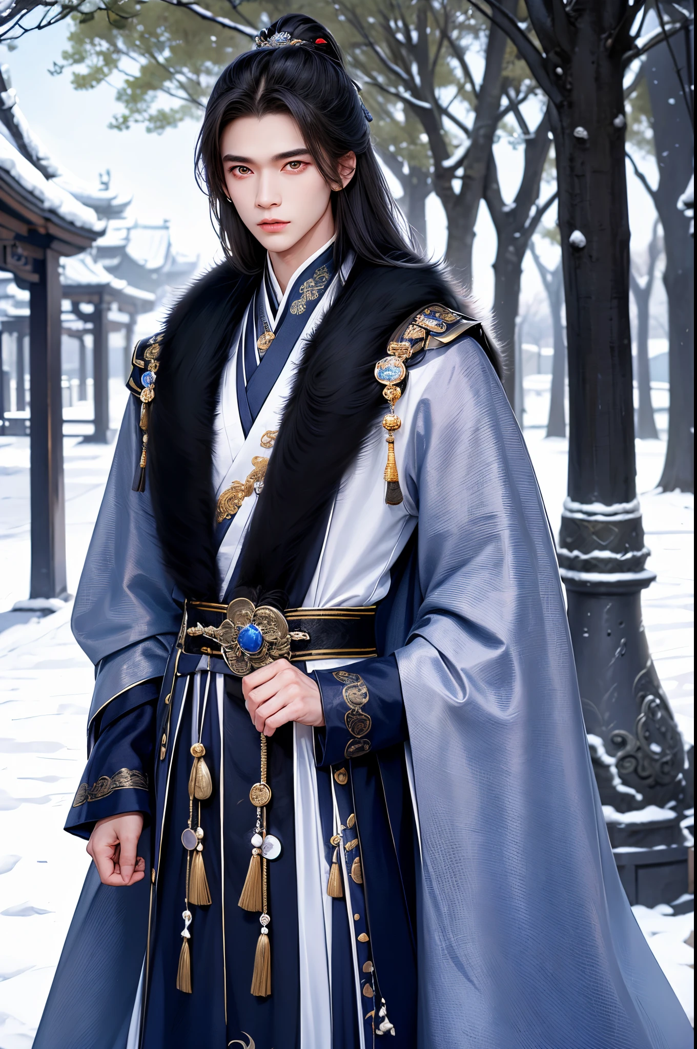 (Best quality at best,A high resolution,The image is clear:1.2),male people，the only person，Ultra detailed backgrounds,Beautiful man standing holding sword，Chinese-style clothes,White robe，White mink fur collar cape,（white  clothes：1.5），natta，Garden scene,under moonlight,starrysky，Asian architecture，ancient wind，waterfall man，Romantic atmosphere,，Dutch Angle Shot,gentlesoftlighting,portrait of upper body，Noble prince，Eye focus，a sharp gaze，hair adornments，