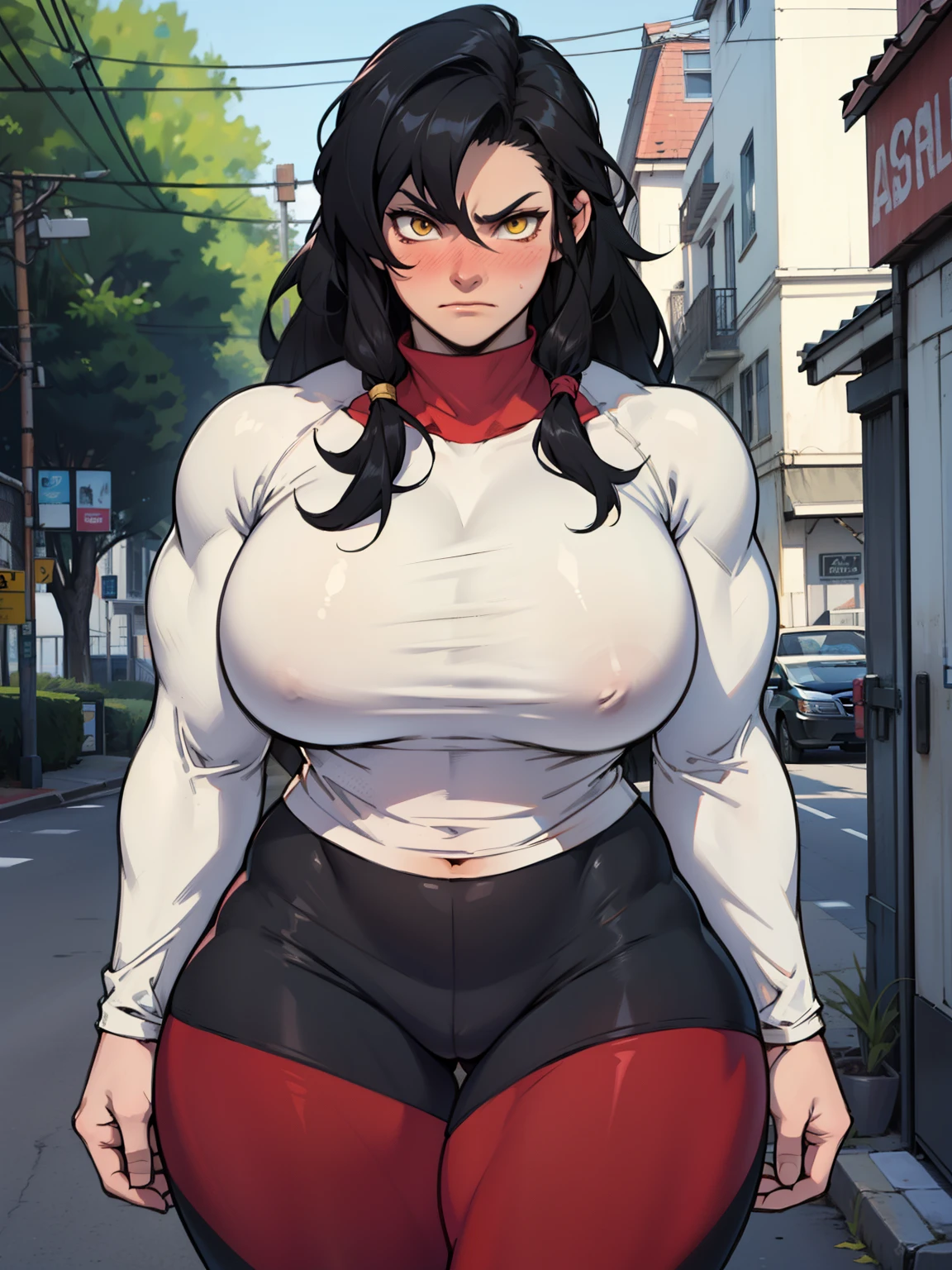 1girl solo black hair yellow eyes very long hair pale skin muscular muscular muscular muscular toned body huge muscles thick thighs girl tight clothes angry blushing morning hair leggings tight shirt long sleeves thick thick thick thick