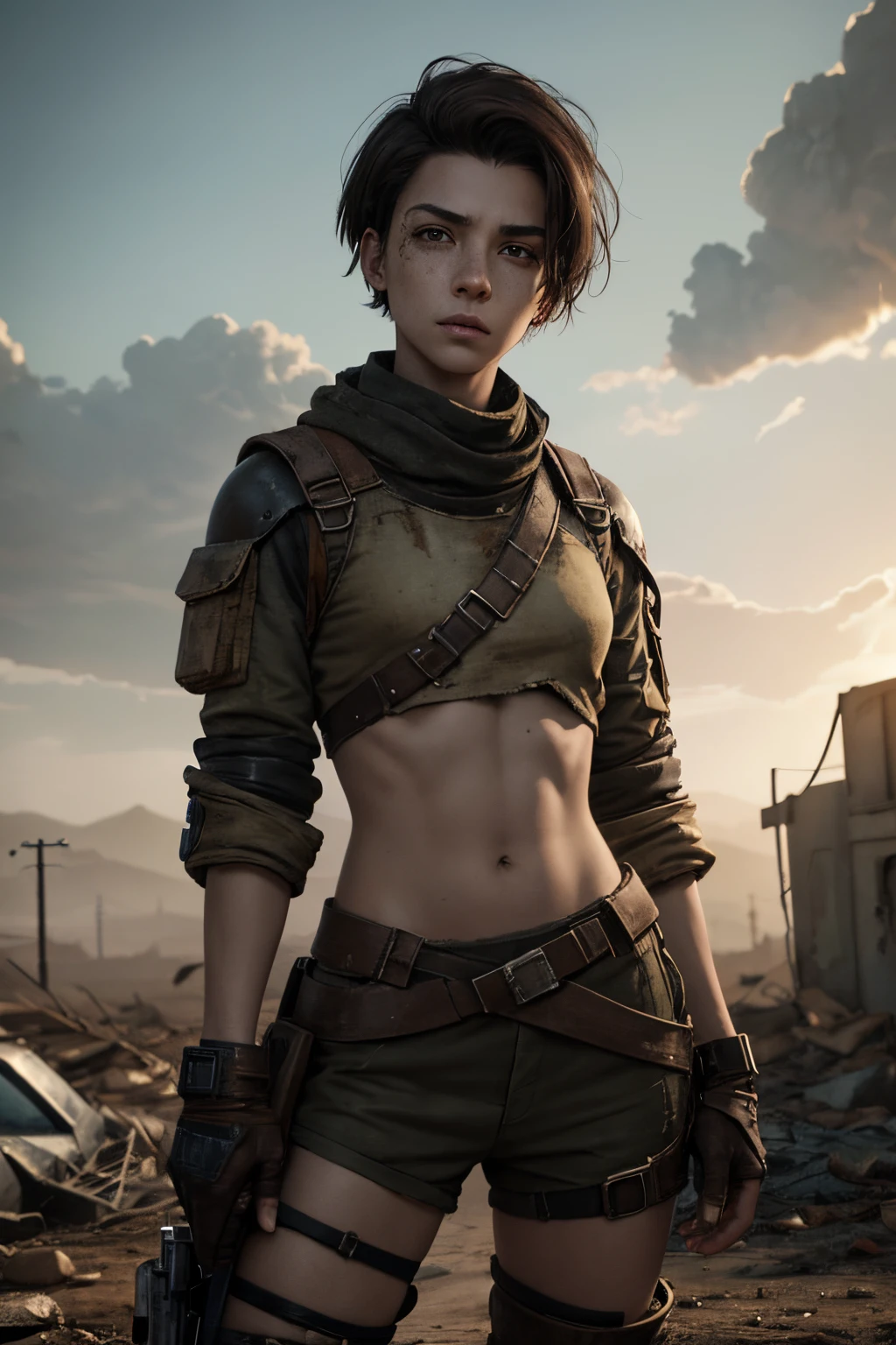 An androgynous female survivor in the wasteland. Apocalyptic setting. Very short hair. Short manly haircut. Dark-brown hair with a undercut. Very pale skin with freckles and liverspots. Round soft face. Round soft chin. Round soft cheeks. Curved lips. Long wide nose. Dark brown eyes. Upturned eyes. Very thin, barely visible eyebrows. Slim. Small chest. Long thick legs. Friendly. Kind. Androgynous. Tomboyish. Wearing the used clothes of a wastelander. Background: An apocalyptic wasteland. Dusty and depressing.