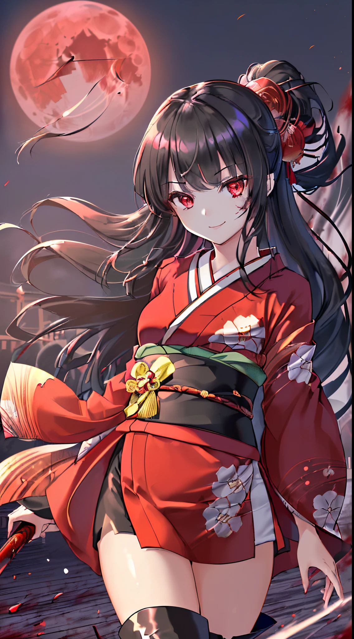 (a beauty girl:1.5), (Assassination:1.5), (A dark-haired:1.3), (Flowing hair:1.3), (long beautiful hair:1.3), (Long bangs:1.5), (Sareme:1.2), (Sharp eye light:1.2), (Glowing red eyes:1.5), (Bewitching smile:1.5), (Bright red kimono:1.5), (Fluttering chest:1.5), (Obi:1.5), (thigh visible:1.2), (Black boots:1.5), (Return blood:1.5), (a lot of splattered blood:1.5), (whirlwinds:1.5), (whirlwind of blood:1.5), (Red Moon:1.5), (The capital of Kyoto:1.3), (cowboy  shot:1.4), (focus on girl:1.5), (to close range:1.3), (Facing the camera:1.5), (perfect arms:1.2), (perfect hand:1.2), (masutepiece:1.2), (High resolution:1.2), (best qualtiy:1.2), (Detailed backgrounds:1.2), (textile shading:1.2), (Extremely delicate and beautiful:1.1), (reality:1.2), (in 8K:1.2), (Dynamic:1.5), (action:1.5),