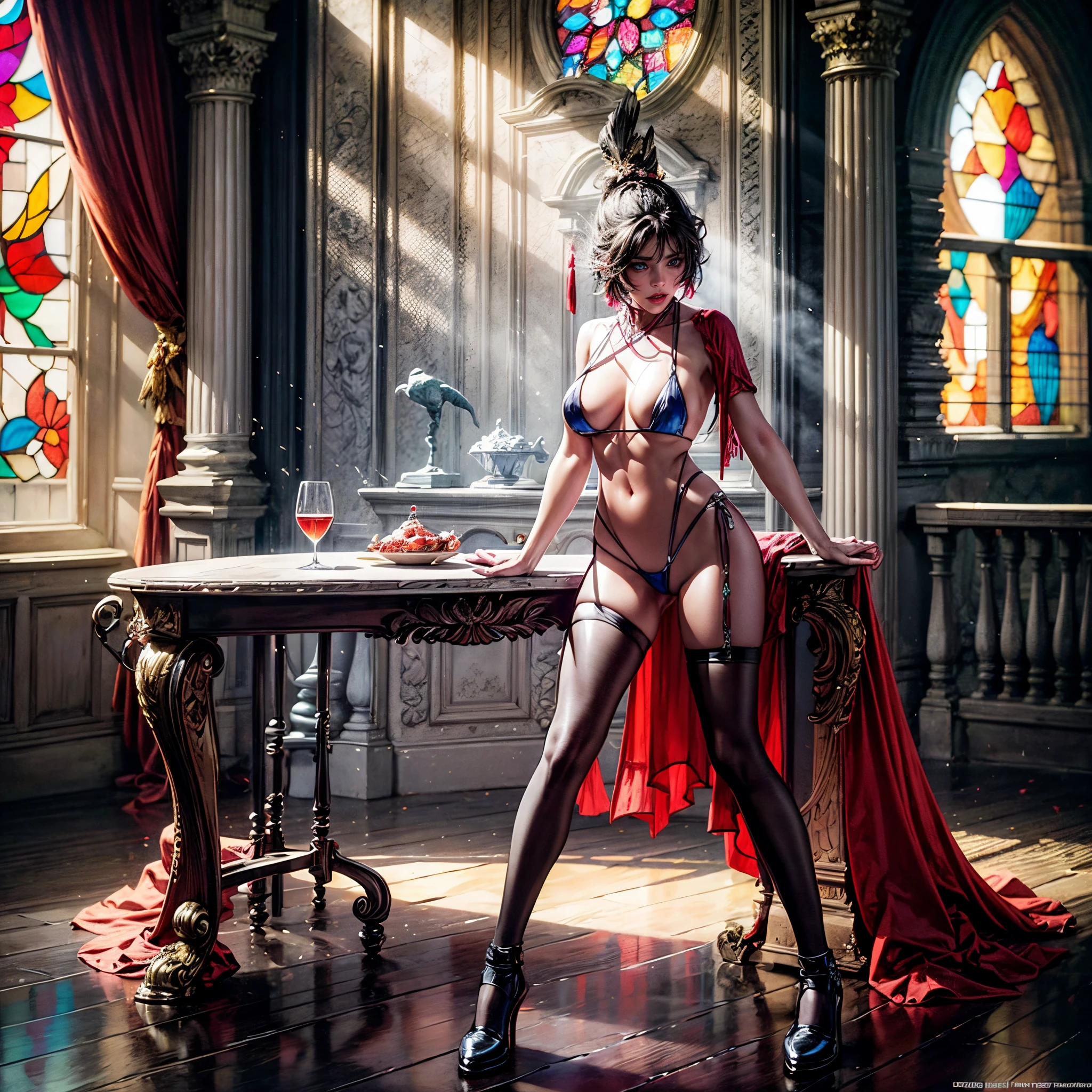 ( Masterpiece:1.25, exposed:1.2, White and vivid colors, Acutance, navel), (sexy junior idol), ((face variations)), portrayed in the best quality and high resolution. The image should be ultra-detailed, realistic, and photorealistic with a touch of rawness. back lighting, colorful Light shines through delicate stained glass. The medium can be a combination of photography and concept art. The color tone should be vibrant and vivid, enhancing the overall visual impact. Whole Body proportions and all limbs are anatomically accurate, (nipple:-0.9) .