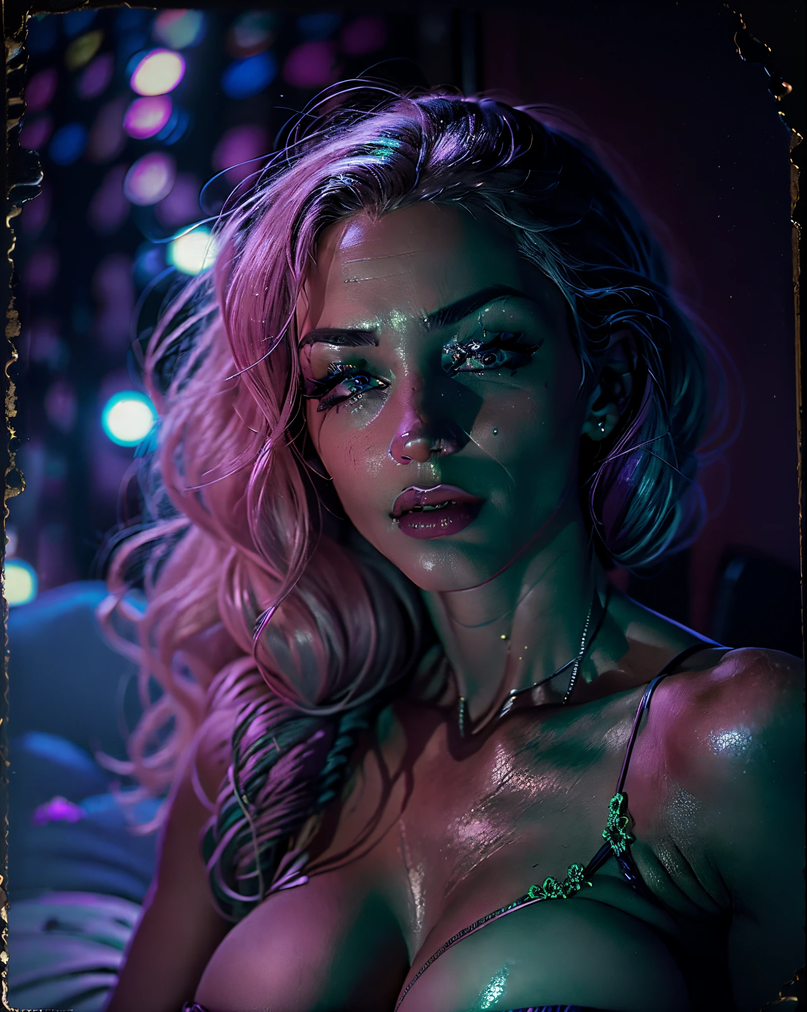 analogue photo, 24-year-old blonde woman in black linen bed, (((dark motel bedroom))), (((big boobs))), ((huge tits)), ((latex lingerie))), (((neon lights violet and green lights))), (((slim body))), (((((fit body))))), abs, ((((((((((seductive pose)))))))))), supermodel, masterpiece, eye level, Kodak Funsaver, Porta 160, 20mm, bokeh, in the style of Nan Goldin, textured, distressed, ((vintage)), edgy, noisy, high contrast, ralistic, ultrarealistic, 4k, hyperreal, ((minimal)), (((grunge))), textured, corrosion, moist