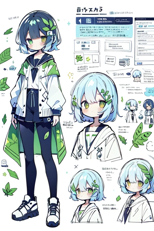 1girl in, ((Character information)、(Chara Leaf)、Type sheet, Character Sheets, Three types，Shot Full Body，Game Character Design，Colorful, Bright