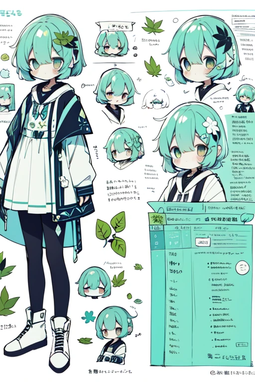 1girl in, ((Character information)、(Chara Leaf)、Type sheet, Character Sheets, Three types，Shot Full Body，Game Character Design，Colorful, Bright