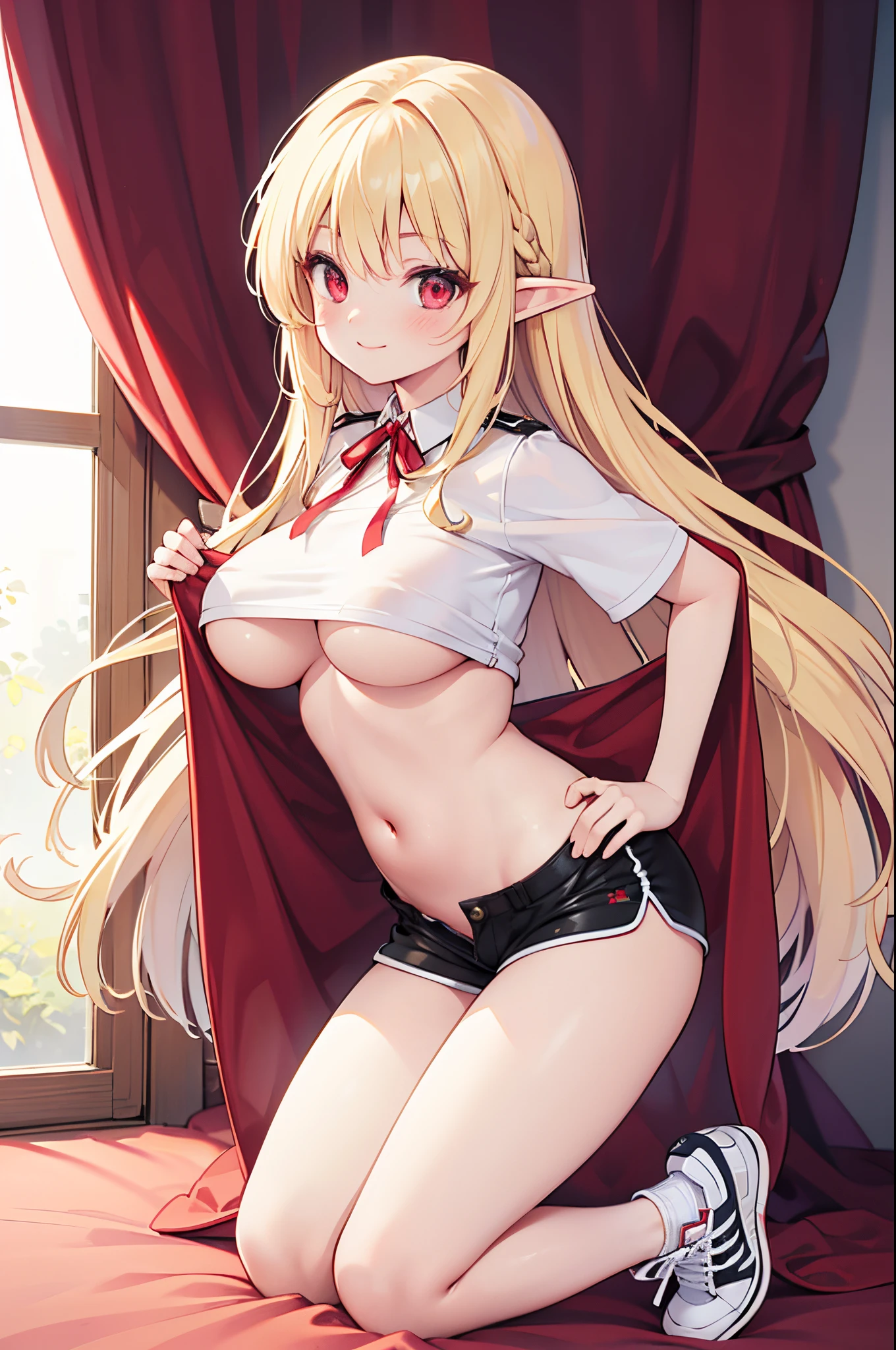 Realistic image, detailed image, 1 elf, She has red eyes, She has medium blonde hair with a red ribbon on the left side of her hair, She wears a short red blouse that exposes part of her stomach, sexy shorts. Stockings to mid-thigh, sneakers. She has big boobs, narrow waist, wide hips and thick thighs. smiling. Full body view. Arched back. white background. Uniform background. Volumetric light. Ambient light.