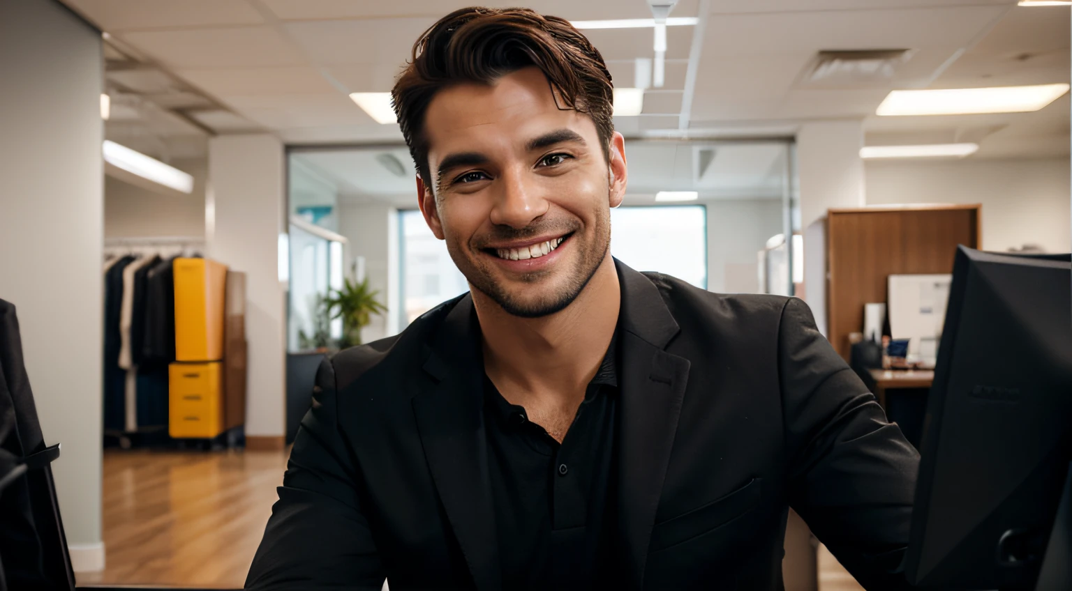 Generate the image of a handsome man in your office. He is dressed like a store manager and wearing a black jacket. Make sure the man shows a smiling expression of motivation, happiness and health on your face. 8k.