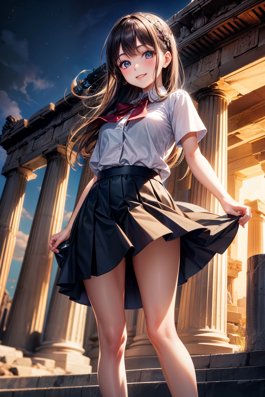 top-quality、lighting like a movie、 1girl in、Parthenon、tourist girl、ssmile、pleatedskirt、