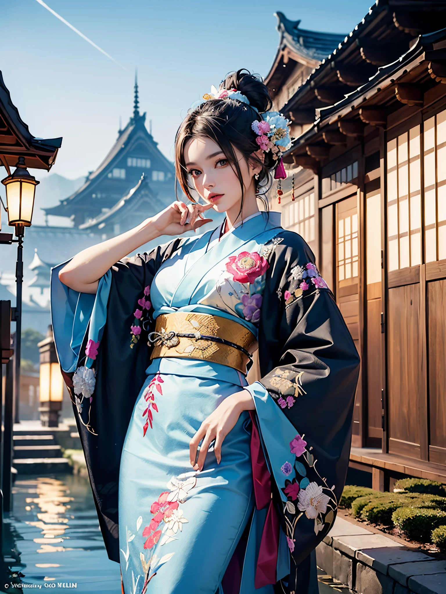 (masterpiece, top quality, best quality, official art, beautiful and aesthetic:1.2), (1girl),elaborate costume(Luxurious Japan kimono(Colorful kimono(detailed embroidery))), extreme detailed,(Fractal art),colorful,highest detailed,昼間のWestern castle in the background,having a tea party,