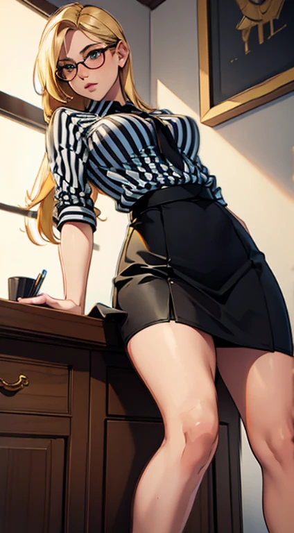 masterpiece, high quality, girl, blonde, secretary, tight black skirt, tight striped shirt, sexy, with glasses, tied up with rope, leaning on the table. sexual pleasure.