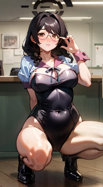 Stema Peace、hanekawa tsubasa、attack of glasses、A dark-haired、large boob、 (Black hair, Brown eyes, Round face),With ribbon, (nose blush, half opened eye),, [Full body shot]、eye glass、Head-to-toe shots、A dark-haired、bunnygirl、