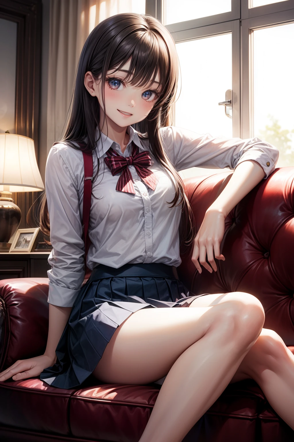 top-quality、lighting like a movie、 1girl in、sit on sofa、ssmile、pleatedskirt、Panty exposure、