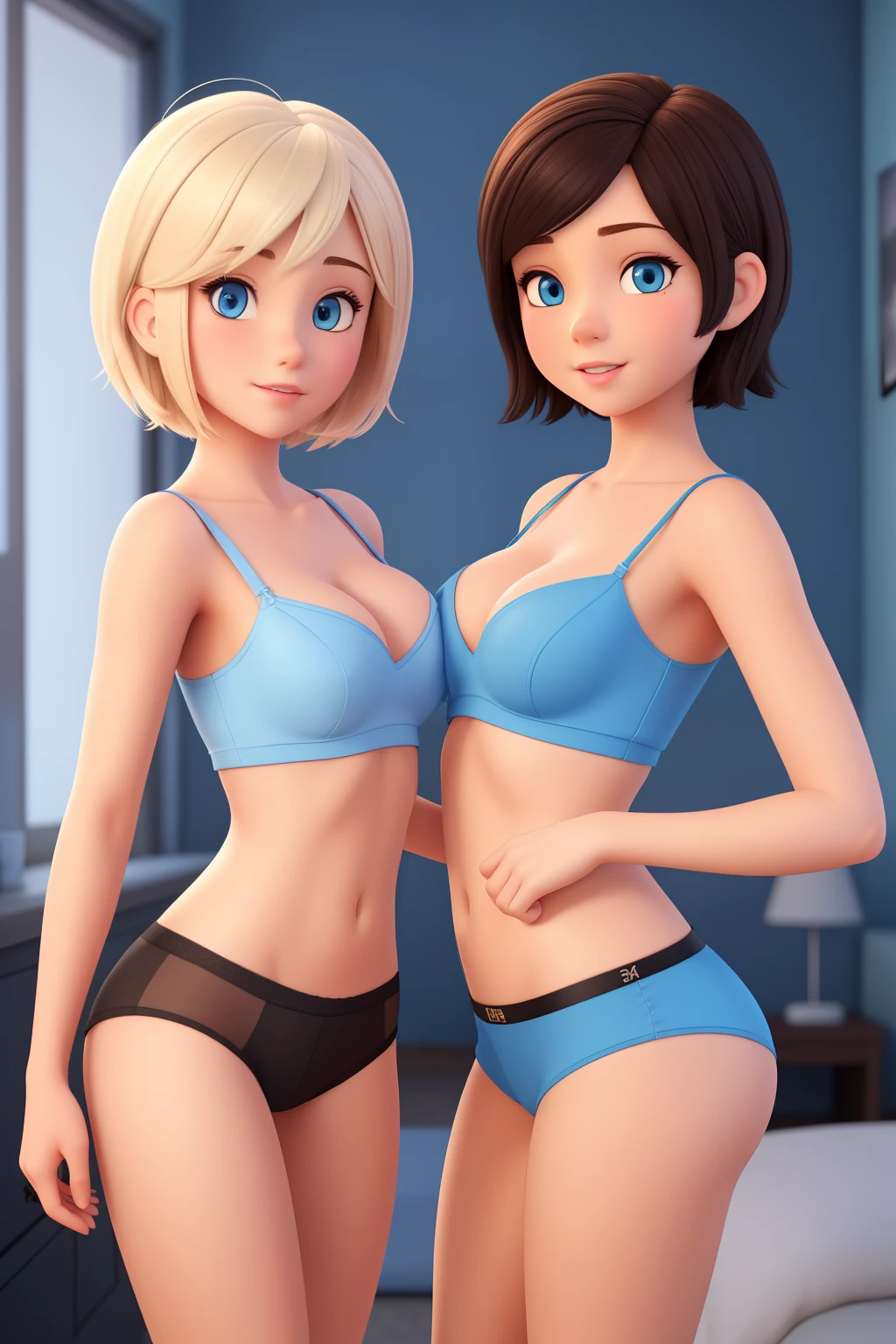 2 girls with short hair and blue eyes, young looking, both wearing panties, Portait photo. 3d cartoon with accurate proportions, sucking the other girl breasts